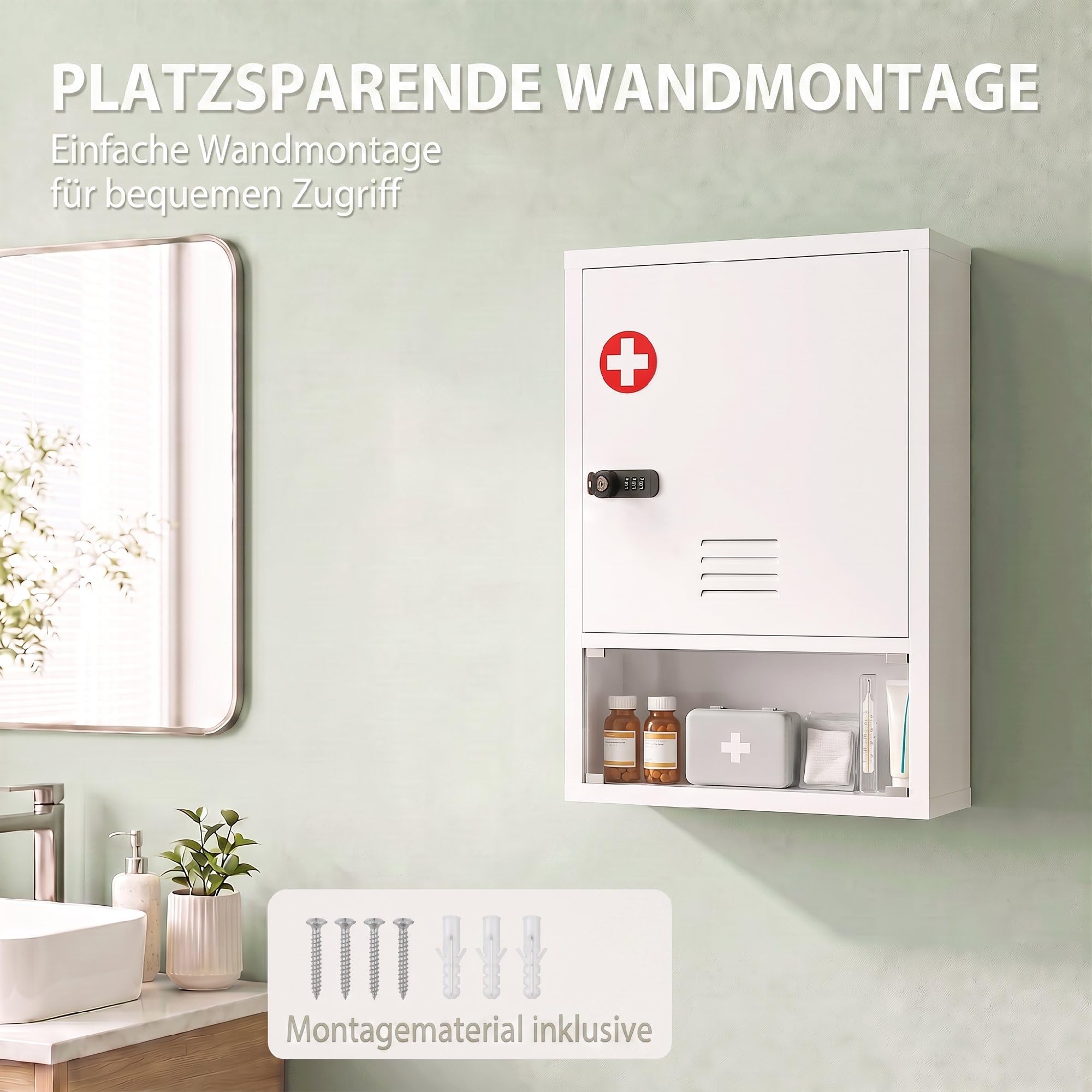 HOMCOM Armoire à pharmacie avec serrure à combinaison - 3 étagères - 60 x 40 x 15 cm - Blanc