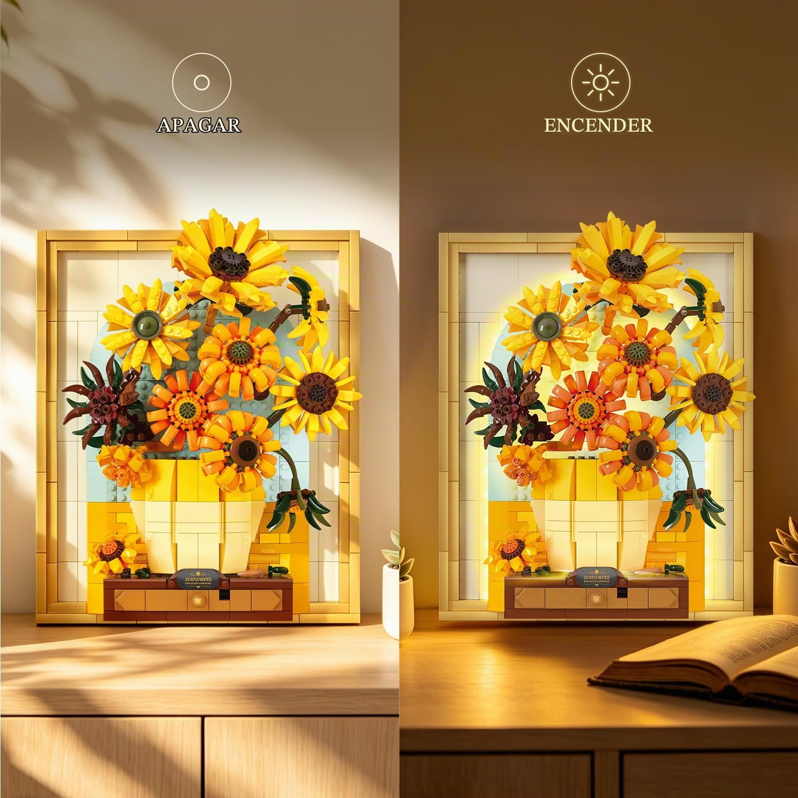 JMBricklayer Juego de construcción de flores de girasol para adultos con luces 70004, Van Gogh, ideas de arte de pared, ramo de flores, marco de pintura para decoración de habitación, ideas de regalos
