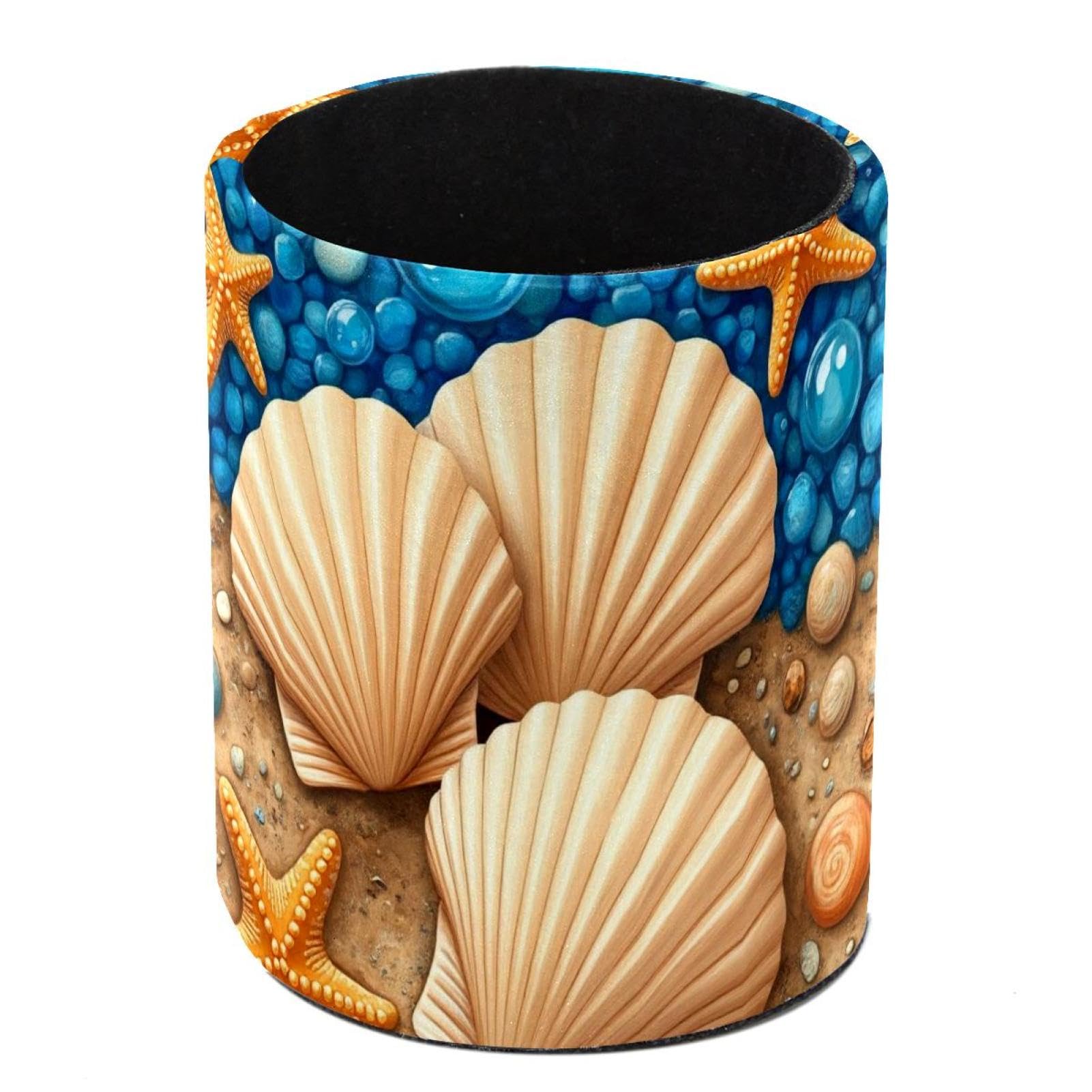 HEOEH Starfish Shells Pen Holder for Desk, PU Leather Pencil Holder Pen Cup Marker Holder Makeup Brush Holders, Desk Accessories & Workspace Organizers for Home, Office