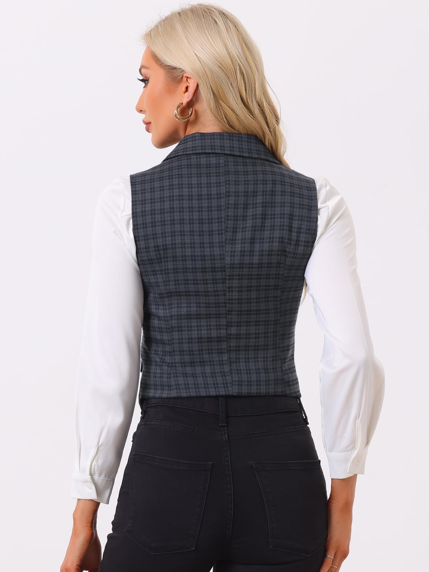 Allegra K Chaleco a Cuadros para Mujer, Cuello de Solapa con Muescas, Blazer sin Mangas Vintage de Botonadura Sencilla