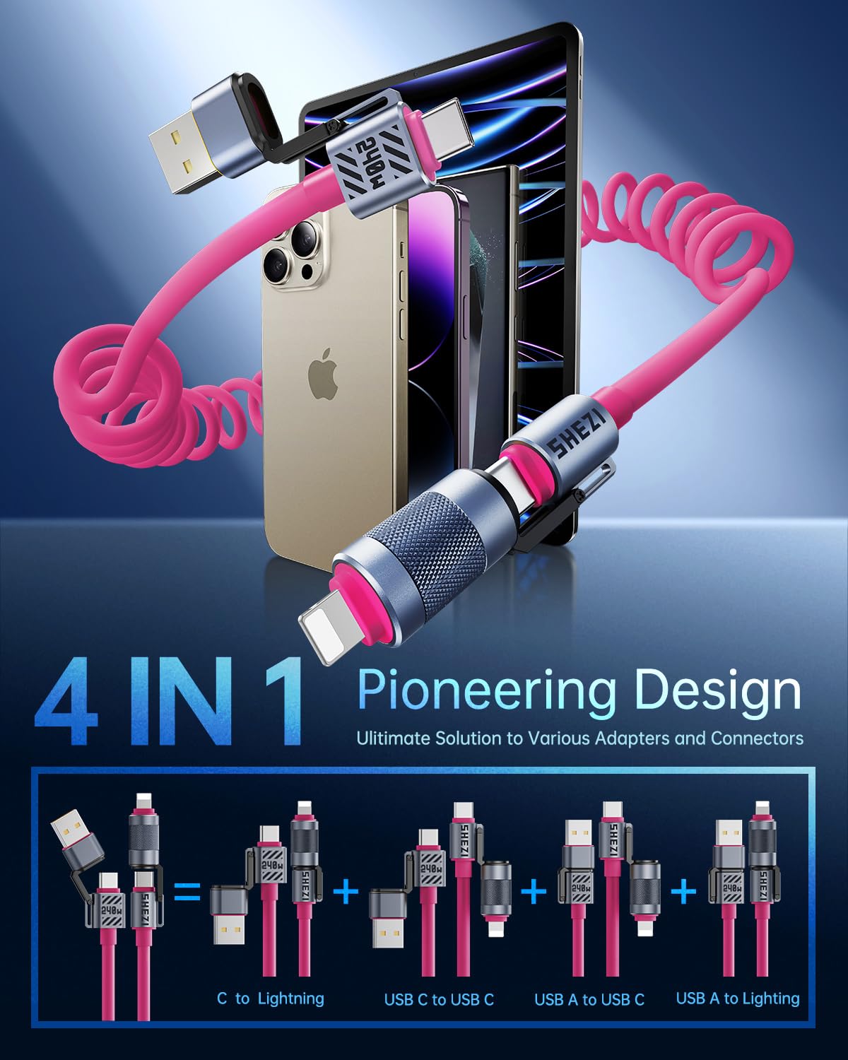 4-in-1 Coiled USB C Cable for Car 5FT [240W Fast Charging] Compatible with Lightning Cable [CarPlay & Android Auto] Multi Charger Cord Combo with L/Type C/USB A Ports for iPhone/iPad (Pink)