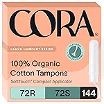 Cora Organic Applicator Tampon Multipack | 72 Regular & 72 Super Absorbency | 100% Organic Cotton, Unscented, BPA-Free Compact Applicator | Leak Protection | Packaging May Vary | 144 Total