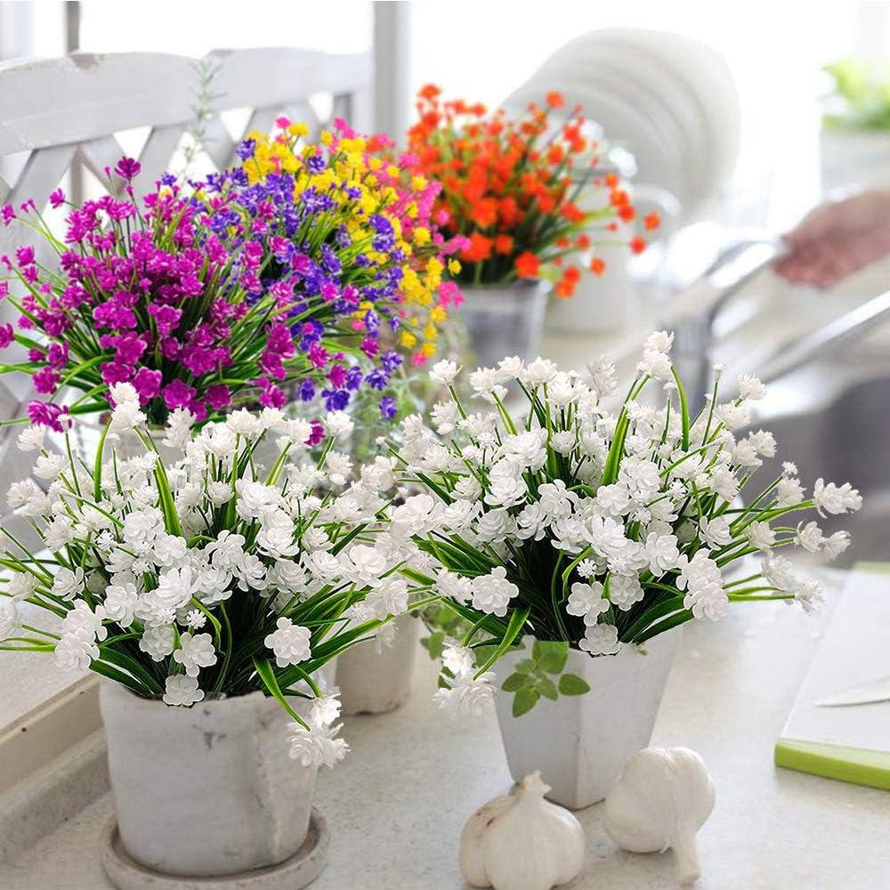TEMCHY Artificial Daffodils Fake Flowers, 4 Bundles White UV Resistant Faux Greenery Foliage Plants Shrubs for Garden, Wedding, Outside Hanging Planter, Farmhouse Indoor Outdoor Decor