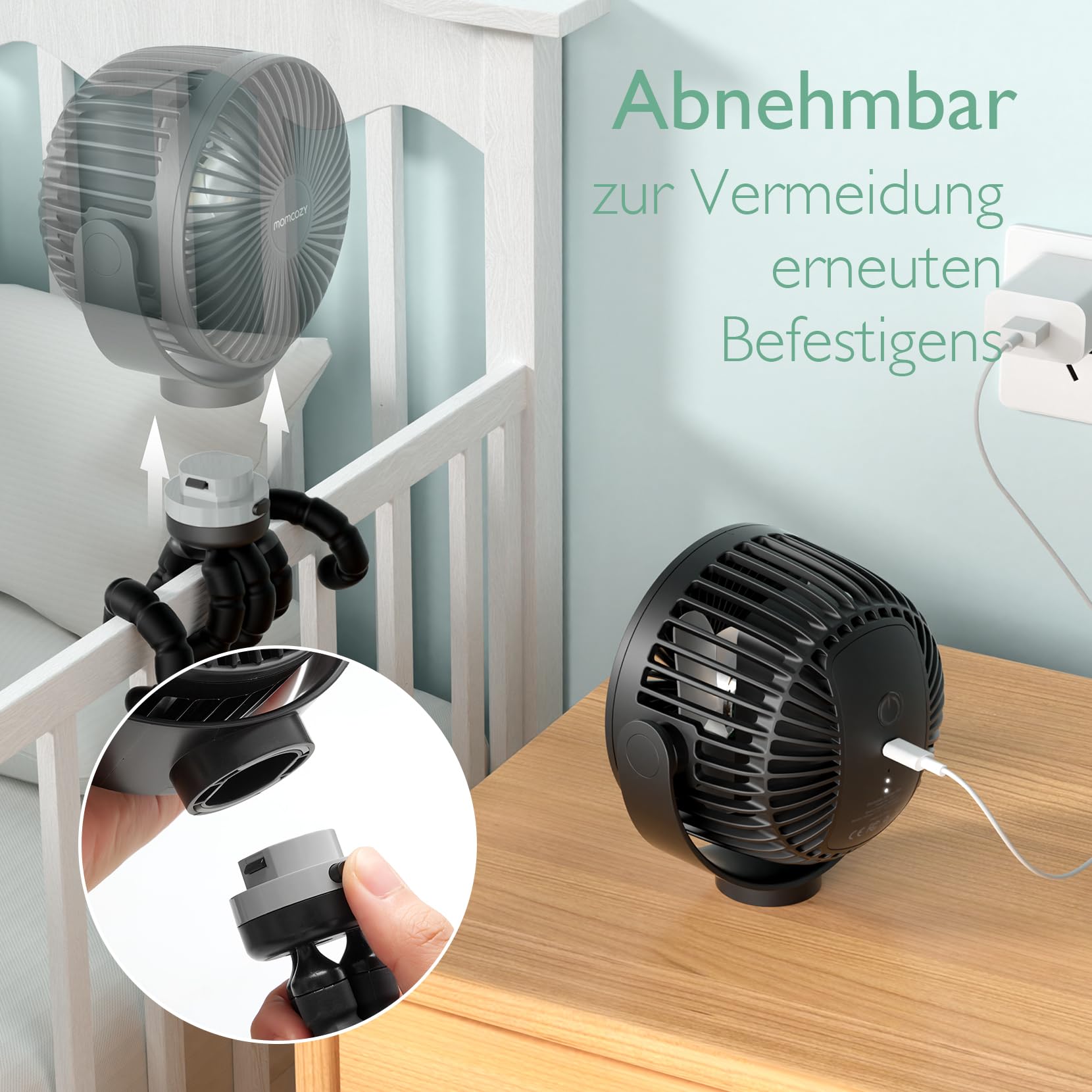 Momcozy Tragbarer Kinderwagen-Ventilator 8000 mAh 27H Akkulaufzeit Clip Ventilator 360° drehbar LED-Nachtlicht wiederaufladbar USB