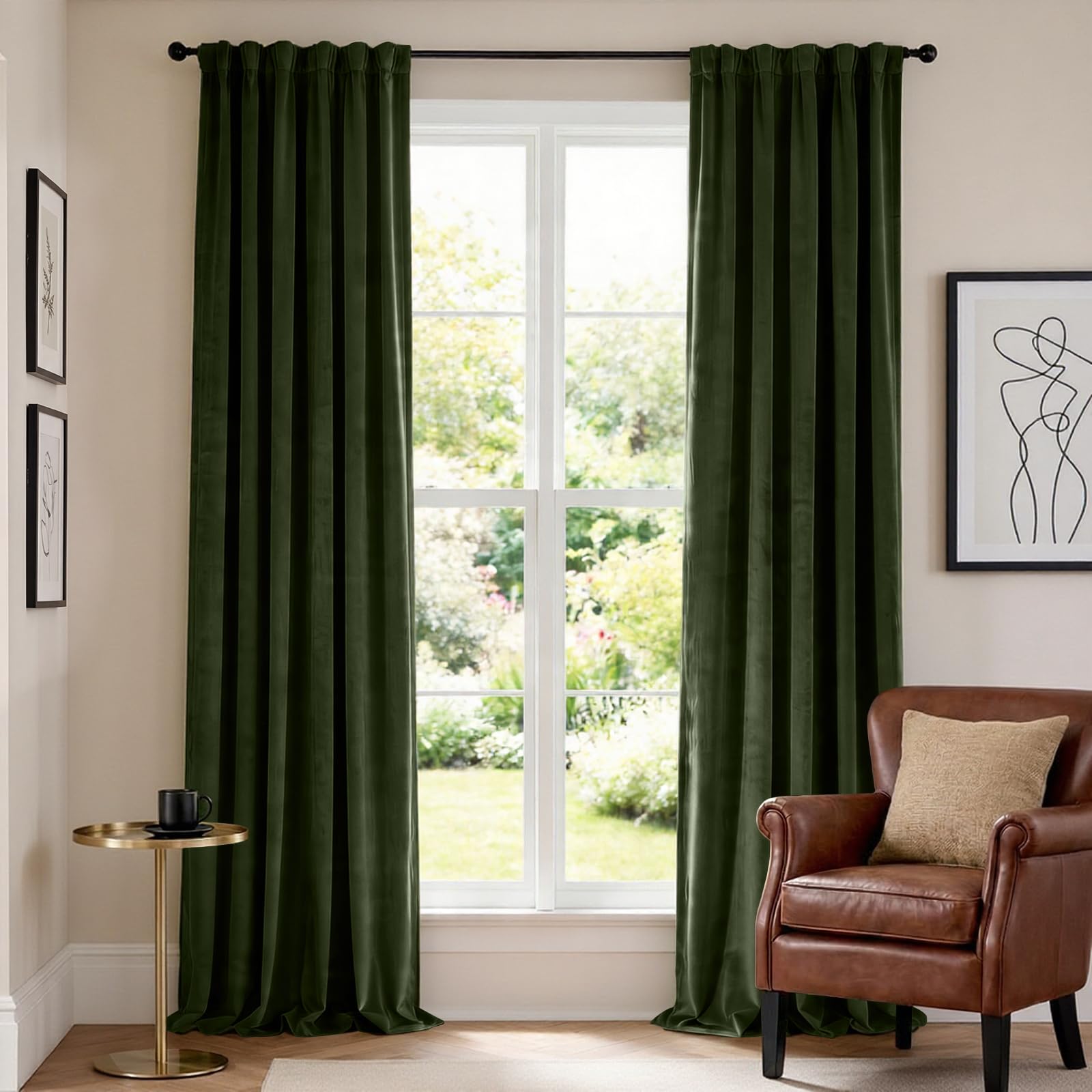 Lazzzy Velvet Blackout Extra Long Curtains Thermal Insulated Room Window Drapes Super Soft Luxury Curtains for Living Room Bedroom Rod Pocket 2 Panels, Moss, 52" W x 120" L