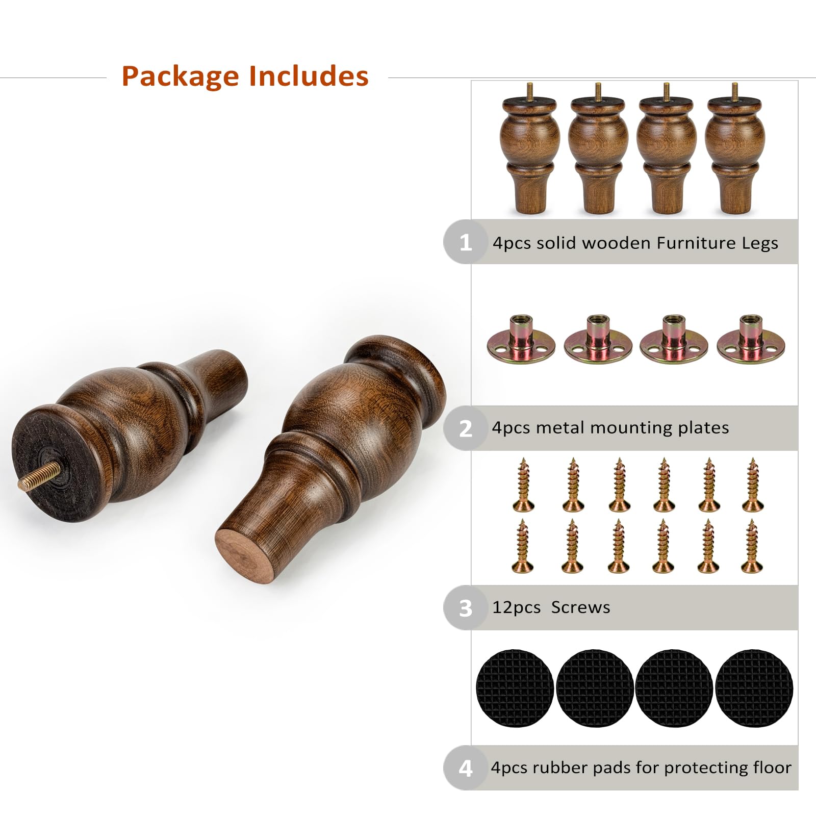 Aiminjey 15cm Wooden Furniture Legs Set of 4 Sofa Replacement Brown Solid Wood Furniture Feet for Armchair Couch Cabinet Dresser Ottoman TV Stand Bed Legs with Mounting Plates Screws (6inch) - Image 2