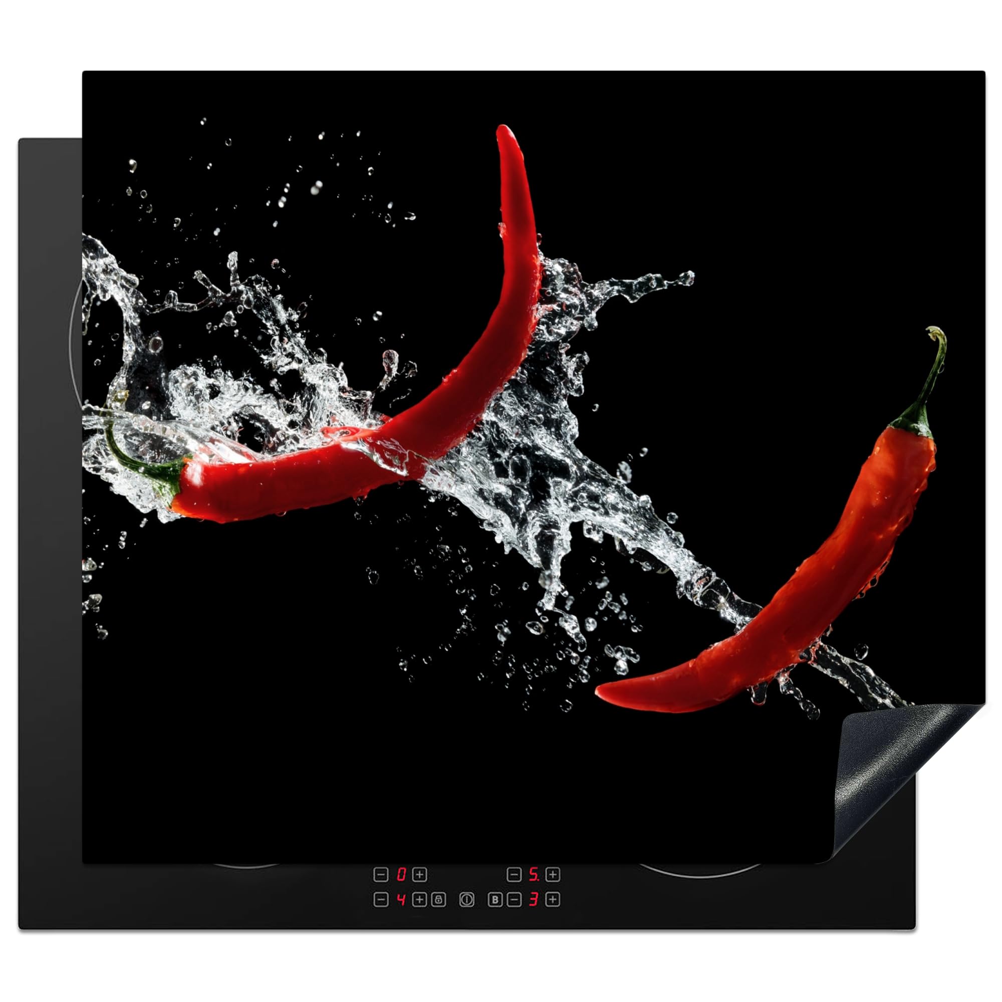 KitchenYeah© Induction Hob Protector Mat 20.2"x22.9" / 58.3x51.3 cm Cooker Top Protectors Cover Ceramic Covers Electric Hobs Vinyl Chilli - Still Life - Water - Black - Red — image 1