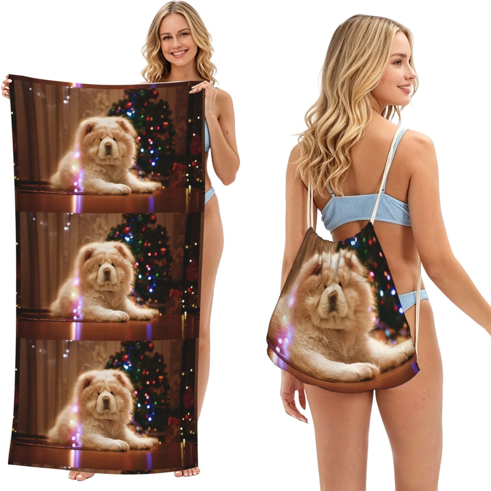 Poadnly As Picture Chow Chow White Fluffy Dogs Pets Dogs Christmas, 2 In 1 Packable Towel Bag, Beach Towels With Drawstring Backpack For Travel Holiday Camping