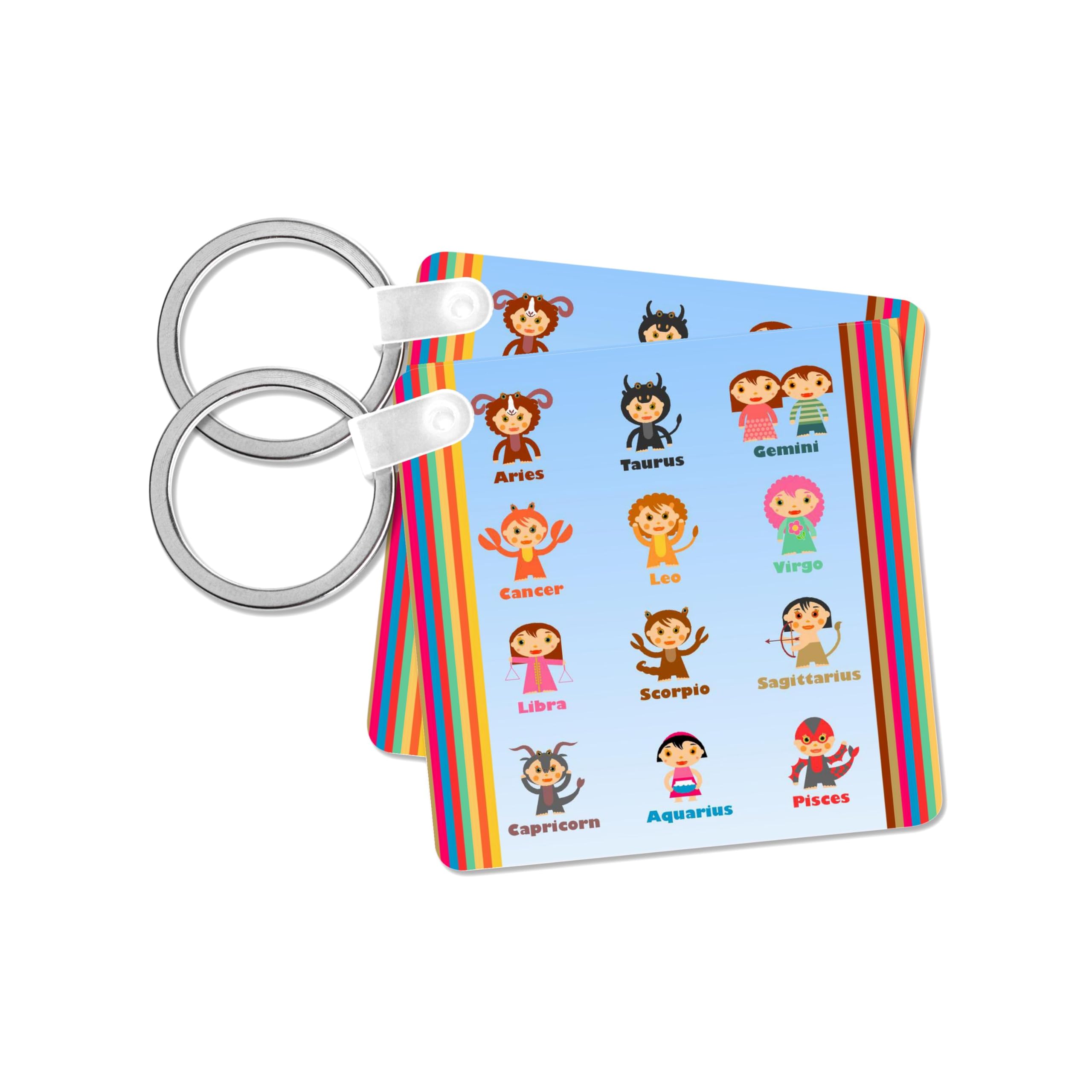 3dRose, The 12 Zodiac Signs sweet illustration for children, set of 4 Key Chains