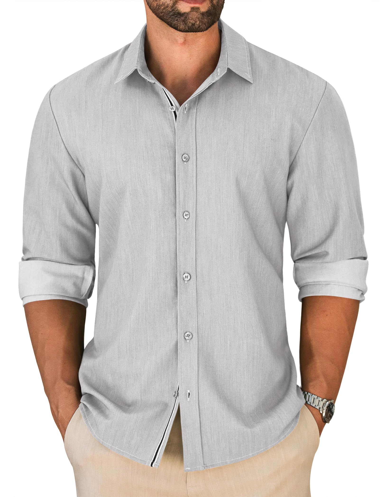 LETSEE Denim Texture Stretch Button-Down