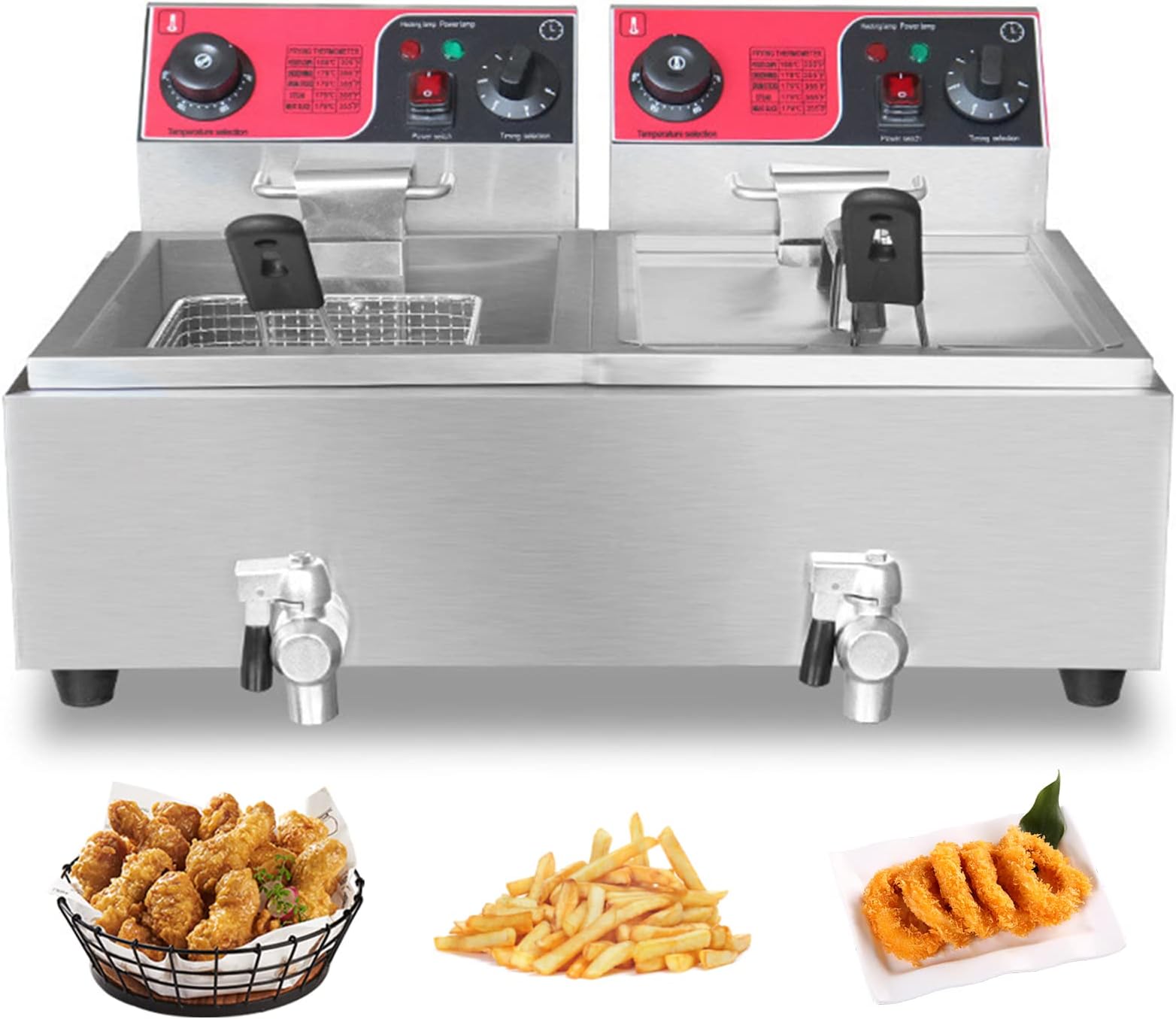 Commercial Electric Deep Fryer, 16L Large Capacity Countertop Fryer W/Dual Removable Basket Temperature Timers Drains Reset Button 5000W Stainless Steel for Kitchen Restaurant Commercial Use