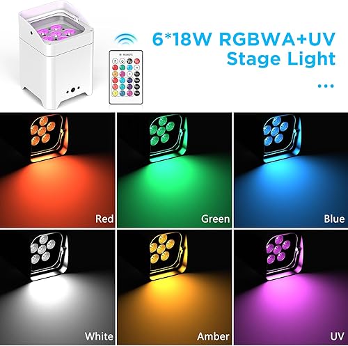 Miniatura 2 de Luces de escenario alimentadas por batería, 9600mAh recargable par puede luces 6x18W RGBWA+UV APPRemoteDMX512Activado por Sonido, luces subidas para