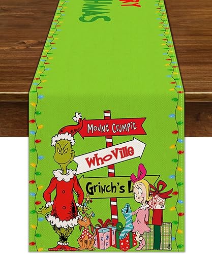 Nepnuser Whoville Camino de mesa de Navidad Grinchmas, decoración de Navidad, elfo verde, suministros de fiesta de invierno, decoración para el