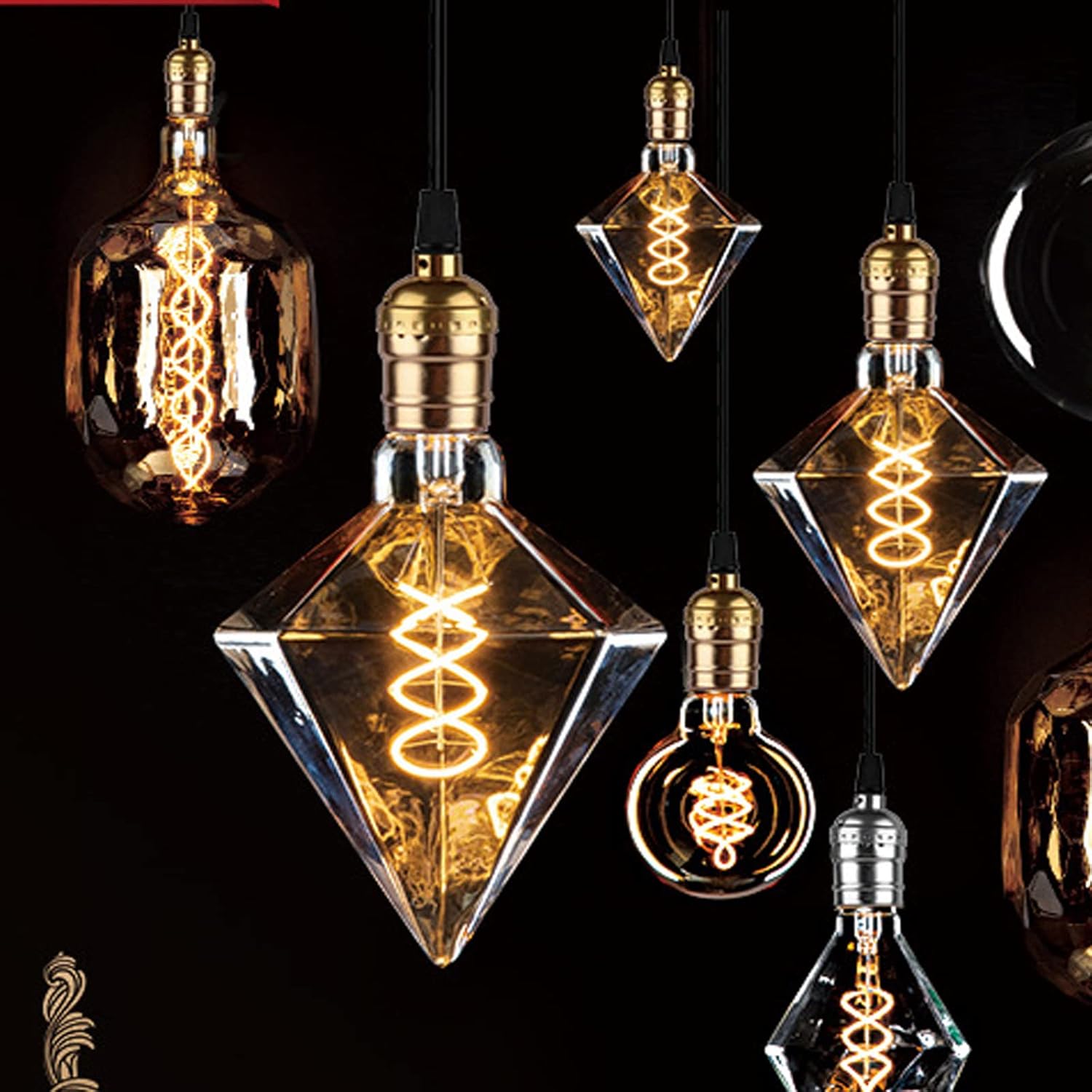 Lxcom Lighting Decorative Edison Bulbs 4W D110 Diamond Shape LED Spiral Filaments Light Bulbs 40W Equivalent E26 Base Amber Glass Finishing Vintage Edison Bulb for Home Kitchen Restaurant, 2 Pack