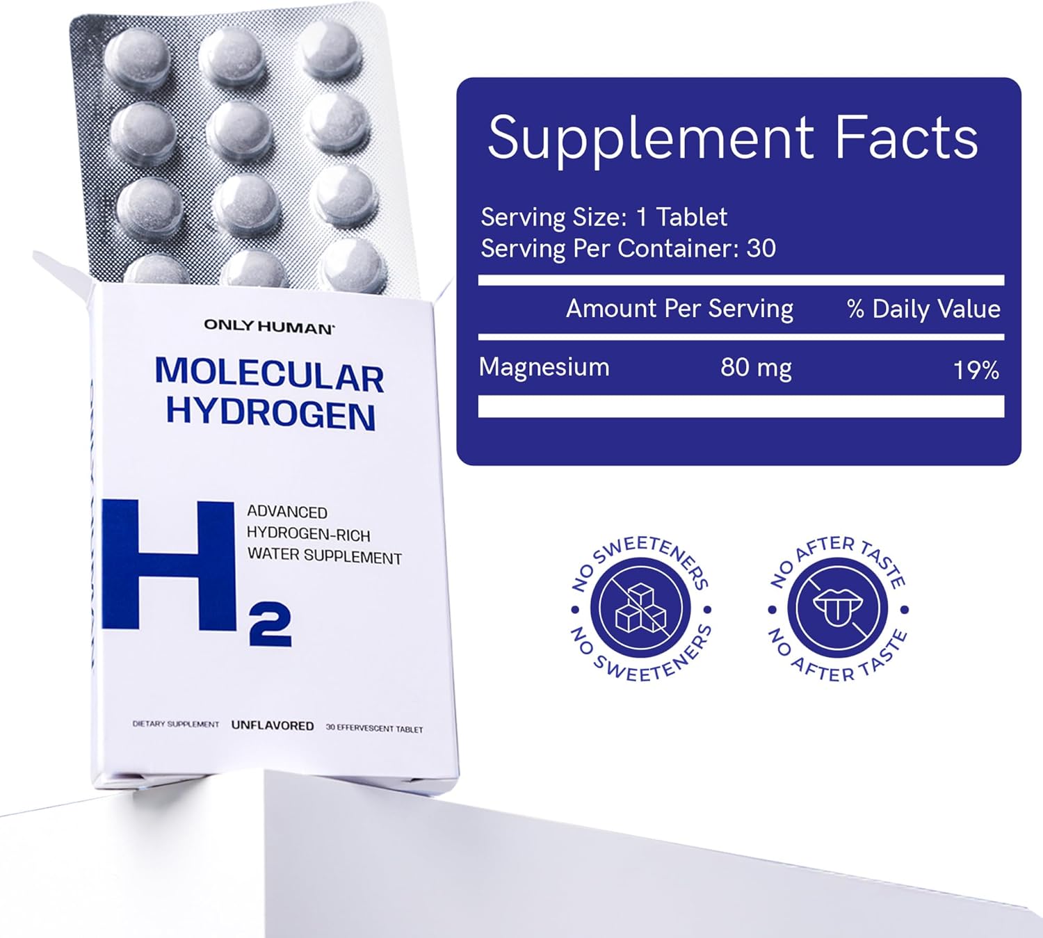 H2 Molecular Hydrogen Water Tablets with Magnesium | 12PPM Hydrogen Tablets for Drinking Water | Unflavored Dietary Supplement | Gluten, Sugar & Soy Free | Made in The USA | 30 Tabs | Only Human