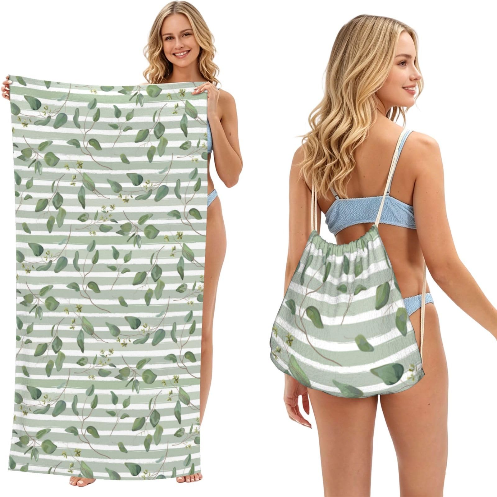 Poadnly As Picture Green Silver Dollar Eucalyptus, 2 In 1 Packable Towel Bag, Beach Towels With Drawstring Backpack For Travel Holiday Camping