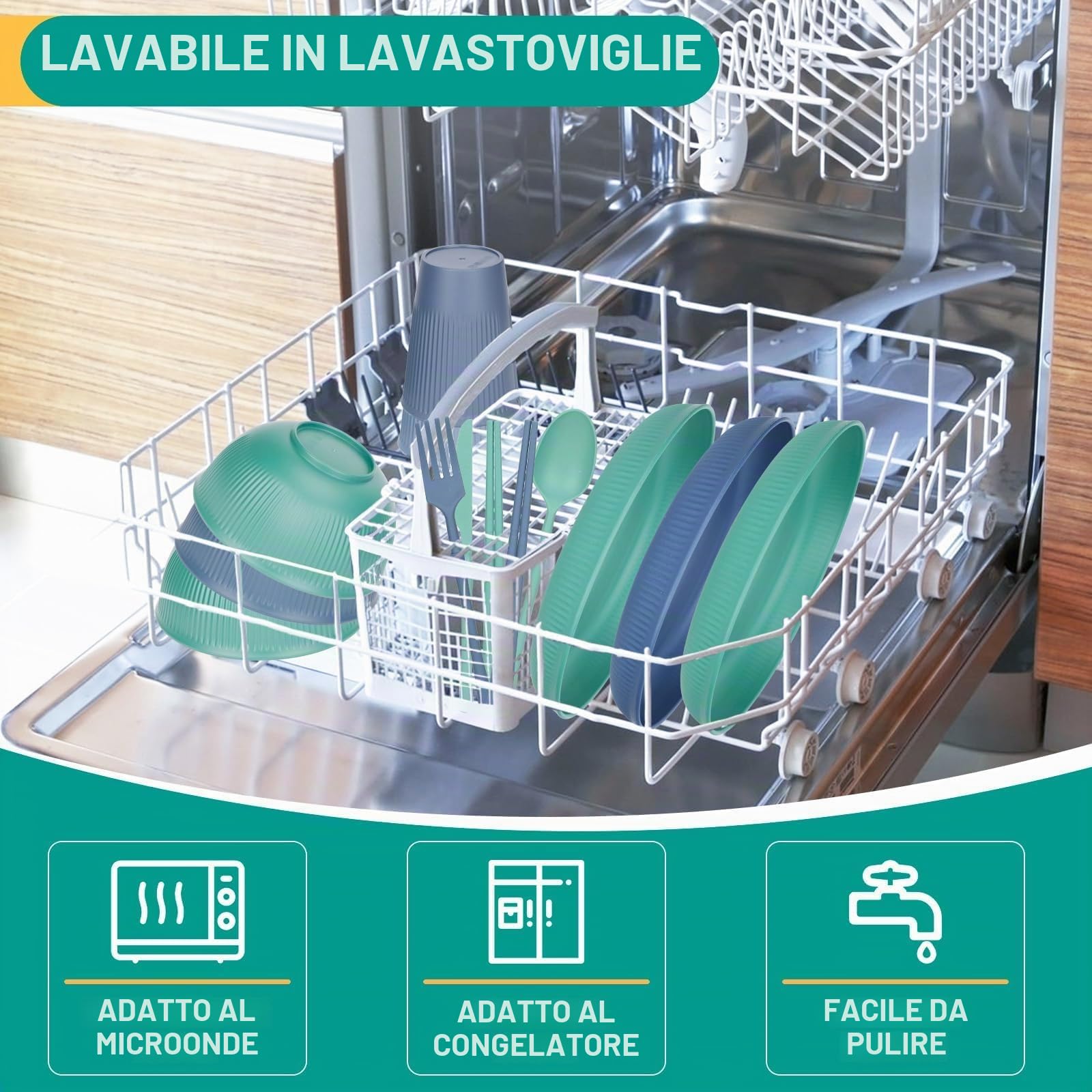 55 Pezzi Set di Stoviglie da Campeggio,Stoviglie da Picnic di Stoviglie con Piatto Ciotola Cucchiaio Forchetta Coltello per 4 Persone, Per Pasti In Famiglia Picnic E Campeggio