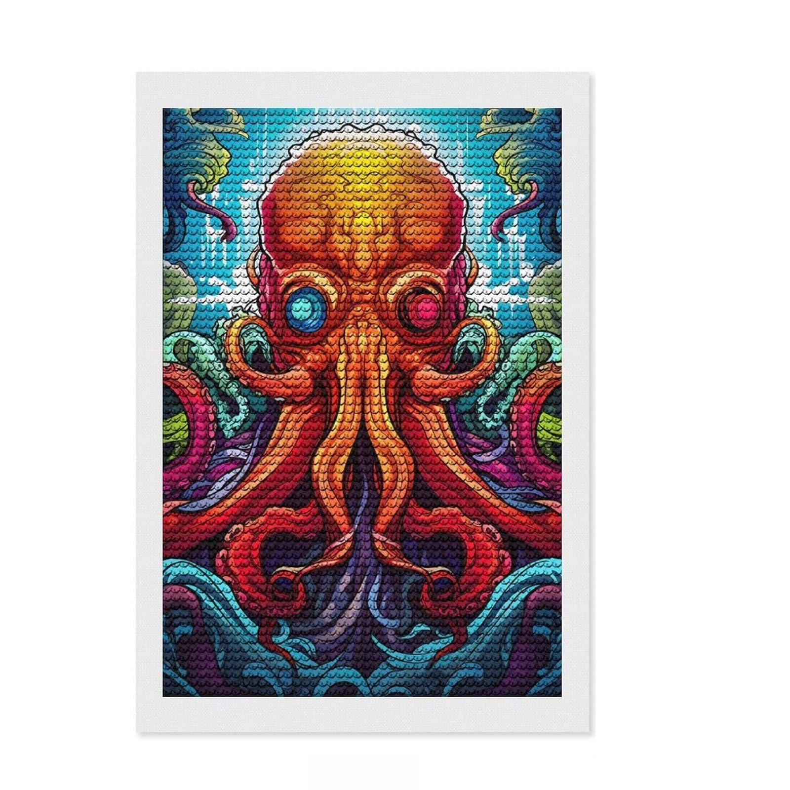 Junmoney Octopus Illustration Diamond Art Kit 8"x12", Adhesive Canvas, Satisfying Creative Project, Modern Decor, Christmas Gift, Printed Canvas