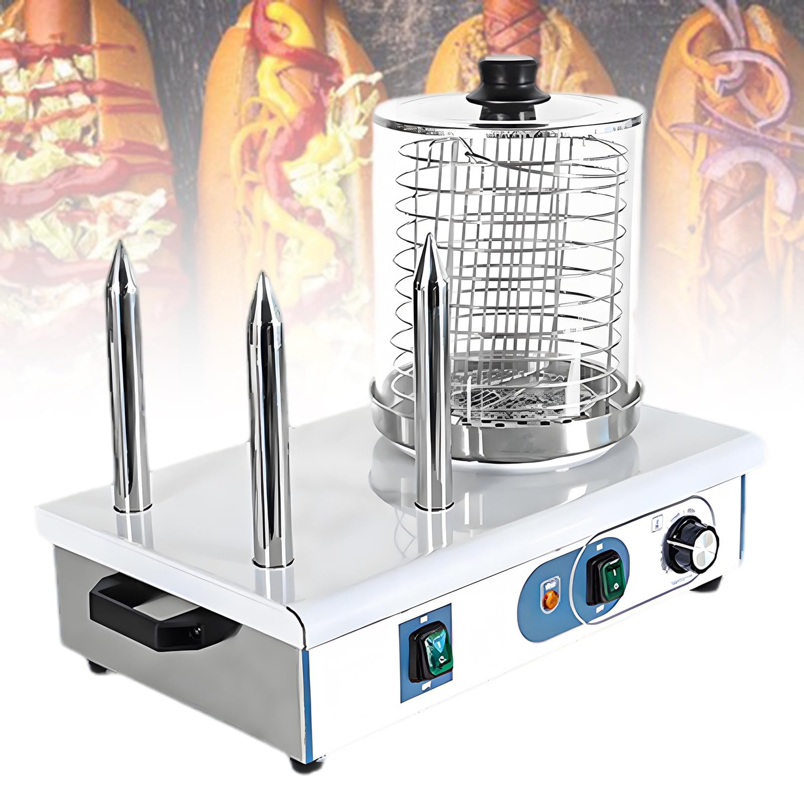 Máquina Comercial Eléctrica para Perritos Calientes, Vaporera y Calentador de Panecillos, Cocedor de Salchichas para Desayuno y Taquitos, de Acero Inoxidable 3Stick