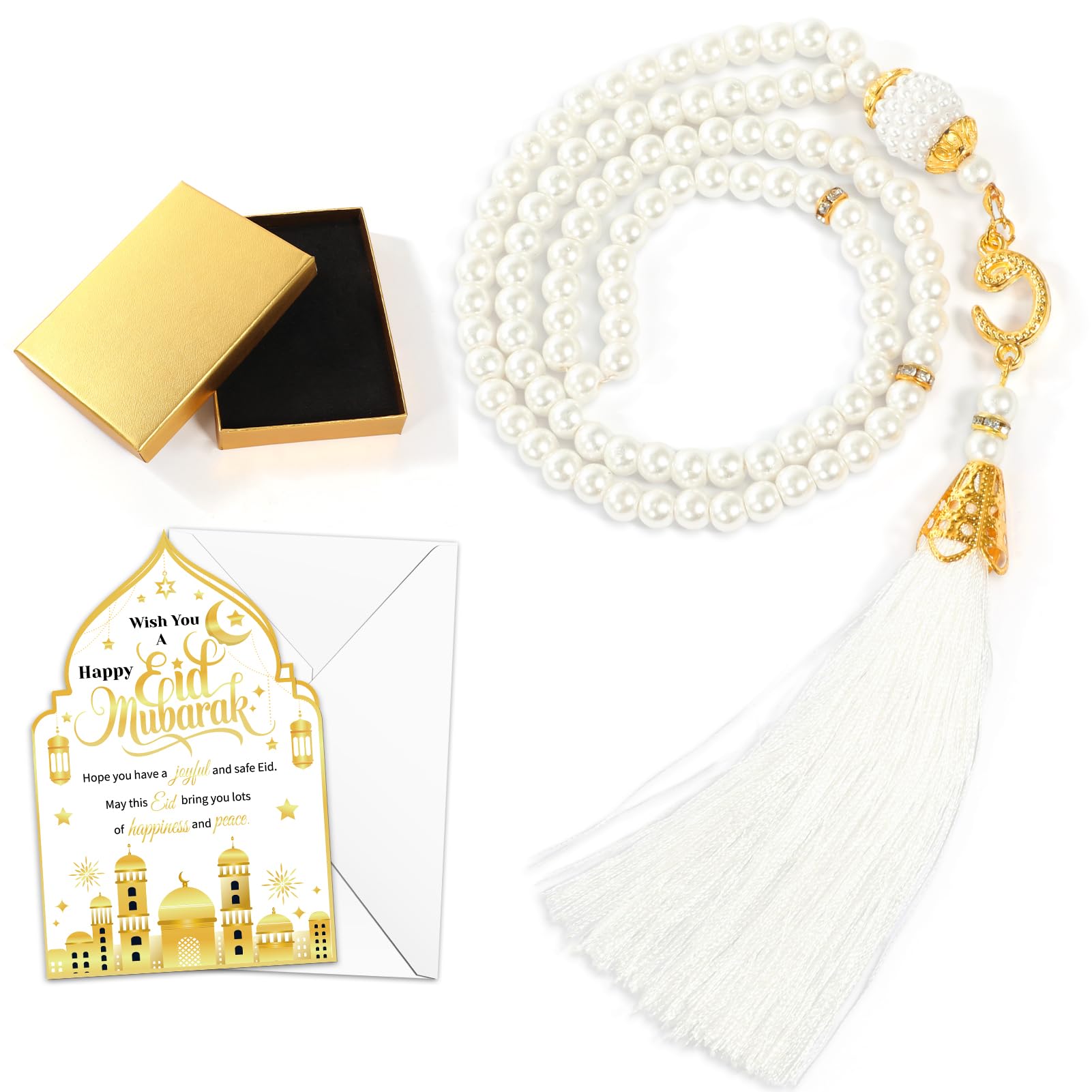 HOWAF Eid Gifts Set with Mosque Shape Card & Prayer Beads, Ramadan Mubarak Greeting Card with Envelope and Ramadan & Eid Pearl Zikirmatic Beads with Box, Islamic Present for Women, Muslim Celebration Gift Set