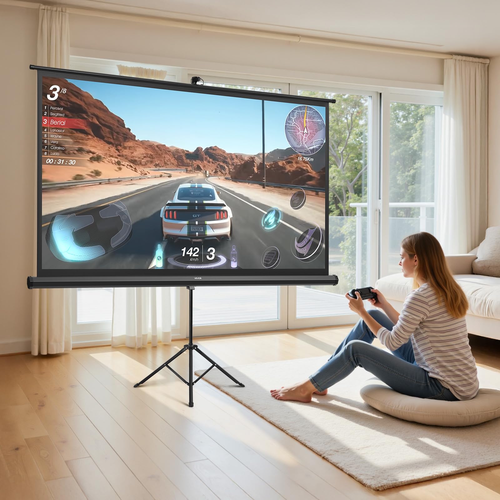 VEVOR Ekran projektora ze stojakiem, szeroki kąt 160°, ekran projekcyjny, 16:9 4K HD, bez zagnieceń, przenośny statyw z torbą do przenoszenia, do kina domowego, biura, prezentacji