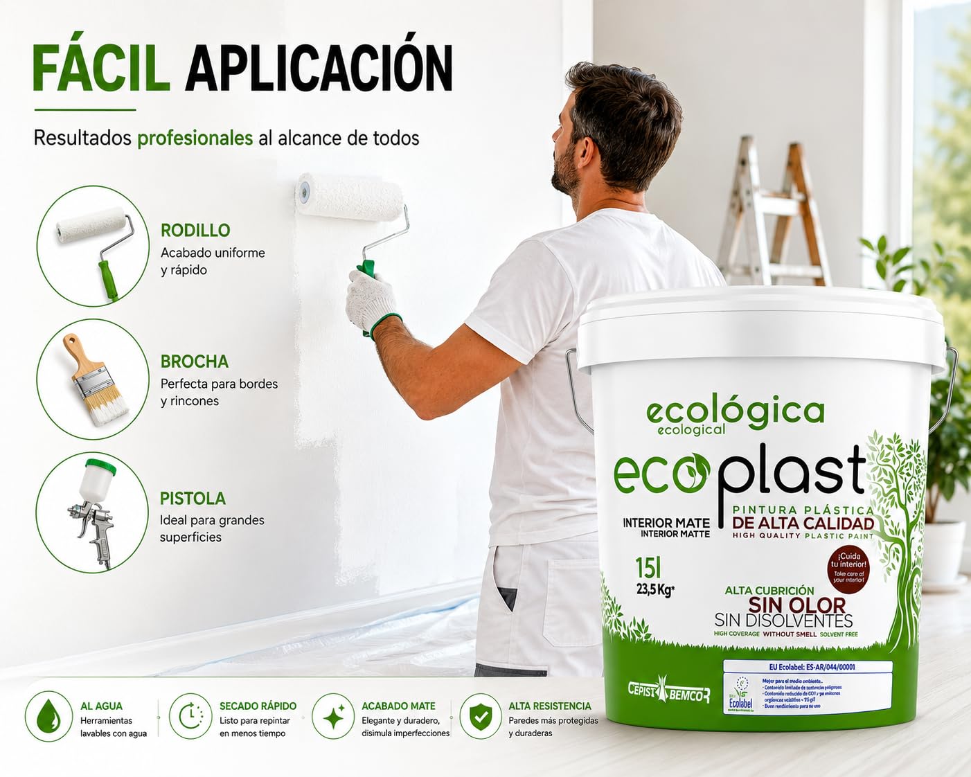 Ecoplast 15L Pintura Plástica Ecológica Interior Mate – Certificación Ecolabel Europea, Sin Olor, Sin Disolventes, Alta Cubrición, Lavable, Baja Emisión COV, Blanco Mate