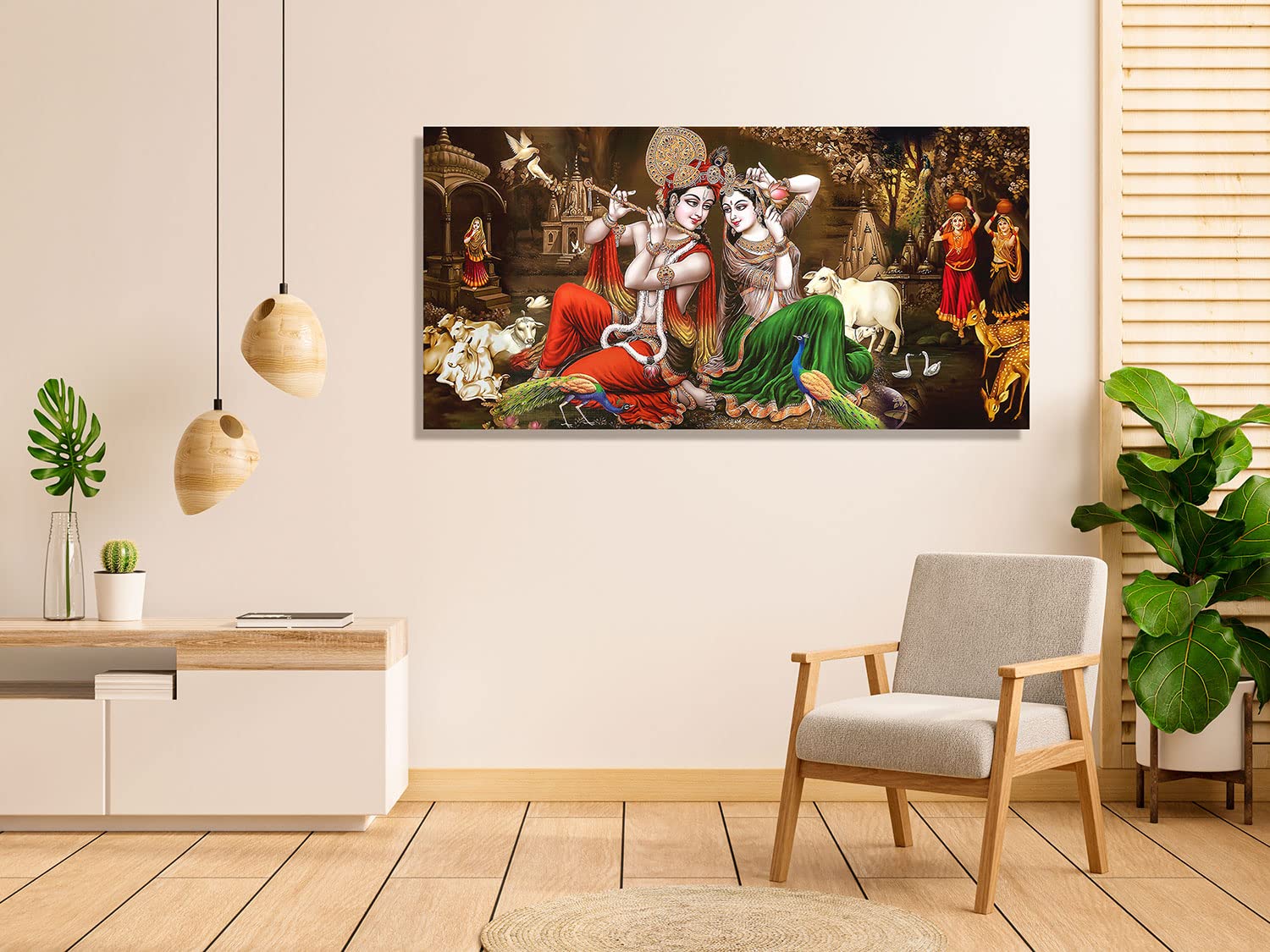 LOOK MY WALL Radha Krishna Canvas Painting with Big Size Wooden Photo Frame | Idol for Gift & Wall Décor | Best Art for Bed room Living room Drawing Room and Office Wall Decoration (36x20 inch) 032