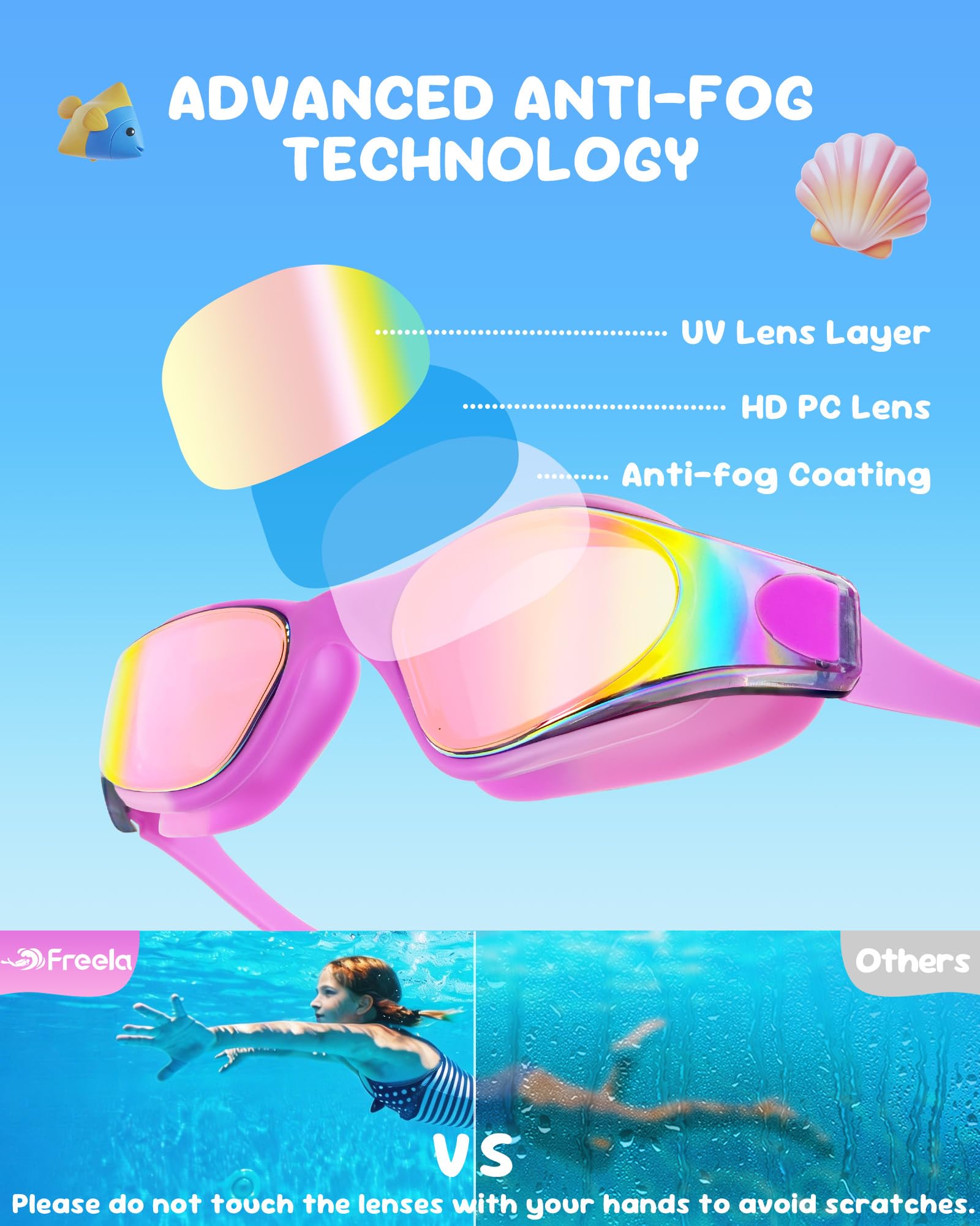 Freela Kinder-Schwimmbrille für 3–16, einteilig, Silikon, 180°-Sicht, Anti-Beschlag-Schutz, UV-Schutz, für Jungen, Mädchen, Jugendliche, 2 Stück
