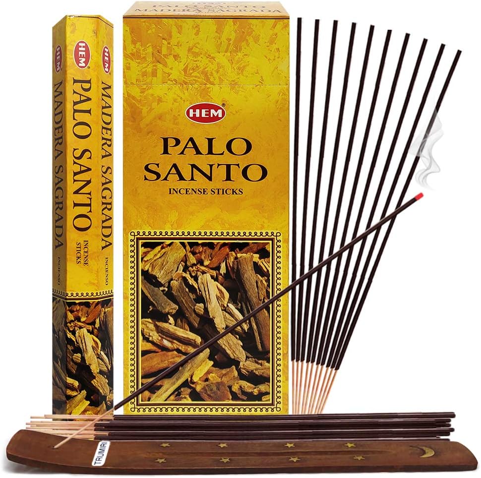 TRUMIRI Palo Santo Incense Sticks & Holder Bundle: 120 Count (6 Packets of 20 Sticks Each)