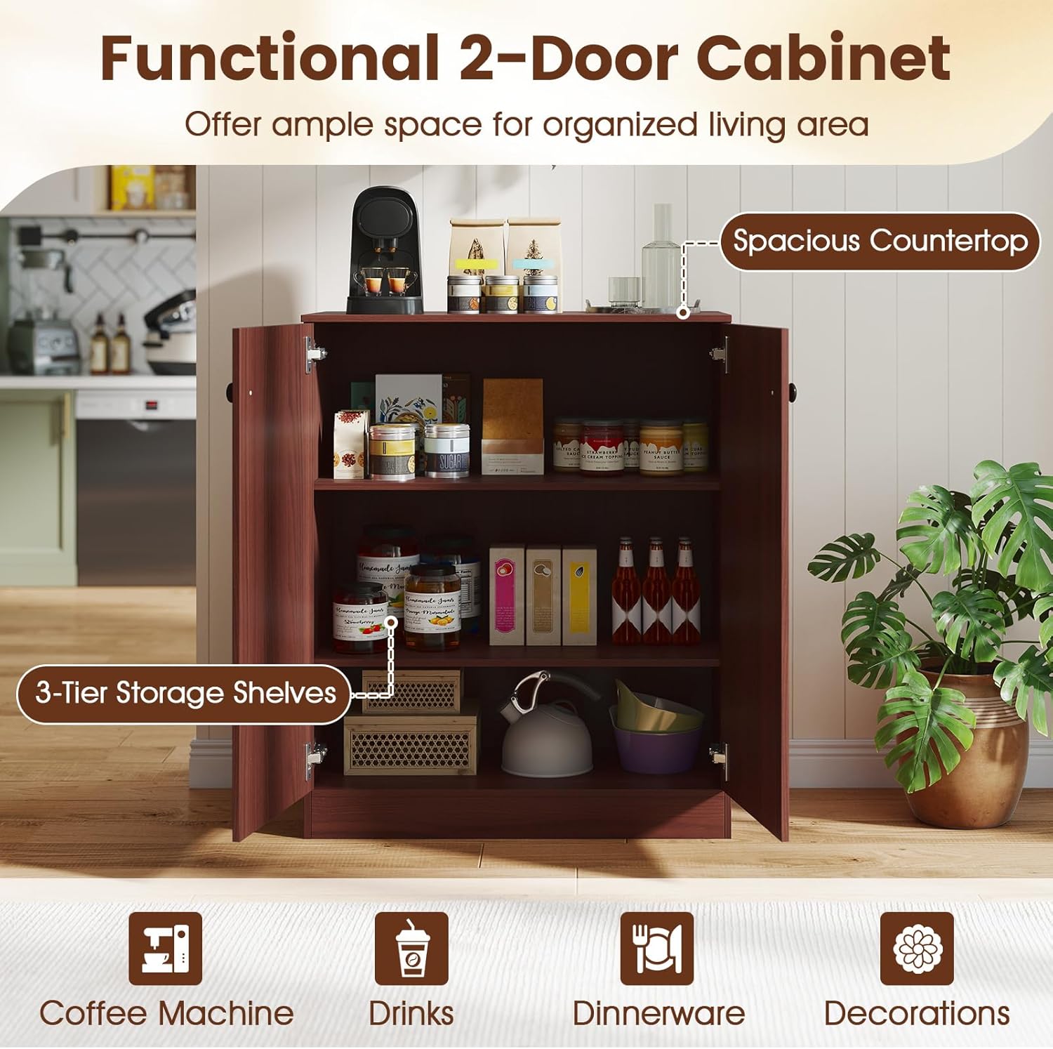 Storage Cabinet with Doors, Kitchen Cabinets with 3-Tier Shelves, Wood Sideboard Buffet, Freestanding Entryway Cabinet, Modern Floor Cabinet for Hallway, Living Room, Dining Room (Brown)
