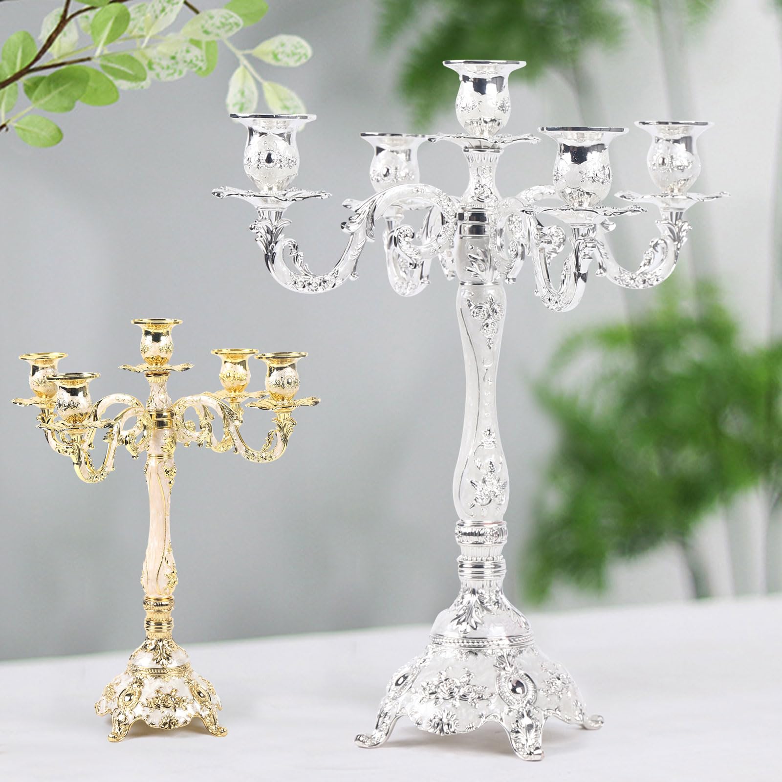 Fridgestea Silver 5-Arm Metal Candelabra For Taper Candles, Candle Holder 38 * 32Cm For Pillar Candles, Candlestick For Wedding/Centerpiece/Christmas/Home Decor/Fireplace (Silver)