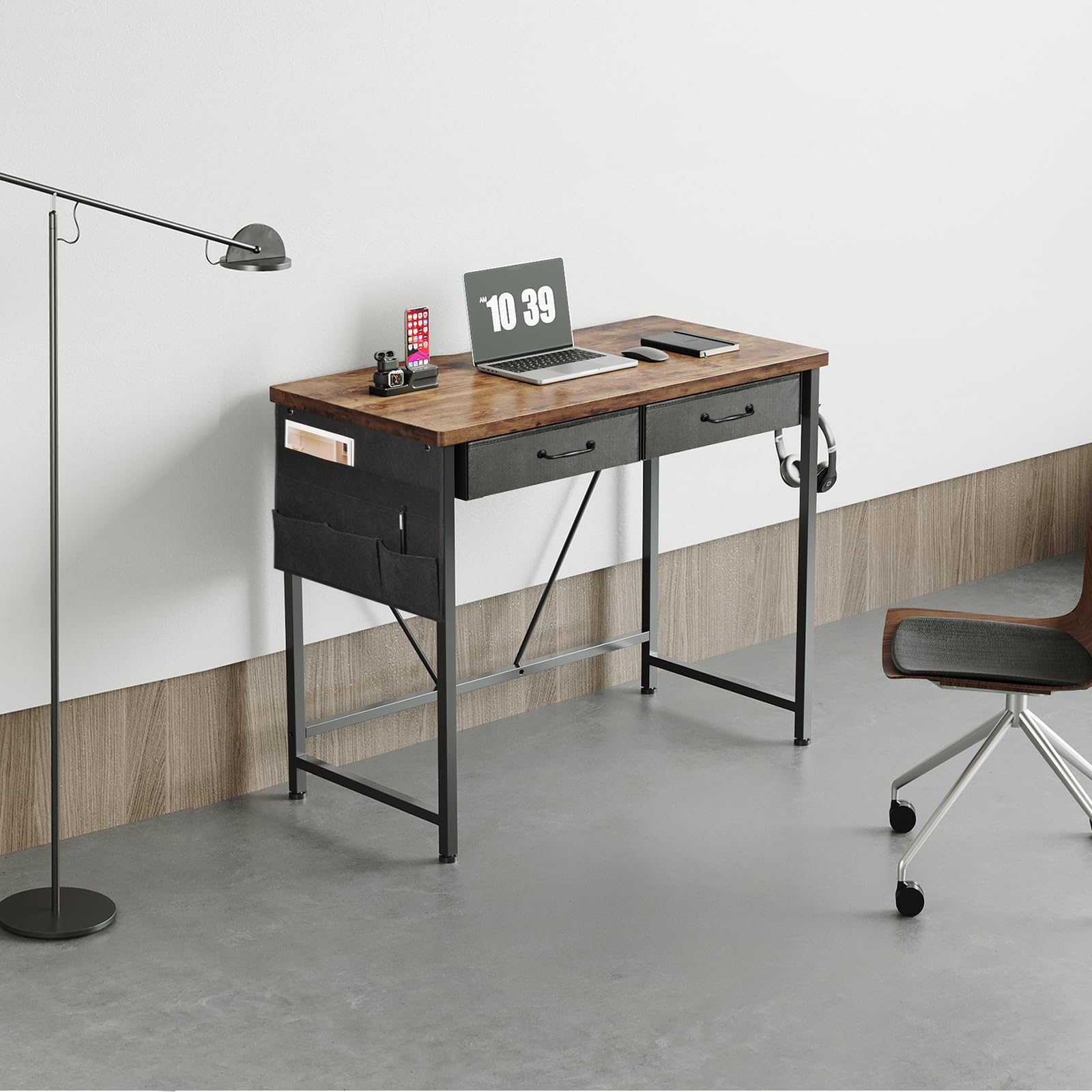 Maihail Small Desk with Drawers, 31.5 inch Small Computer Desk, Writing Desk for Small Spaces, Small Office Desk with Metal Frame, Rustic Brown