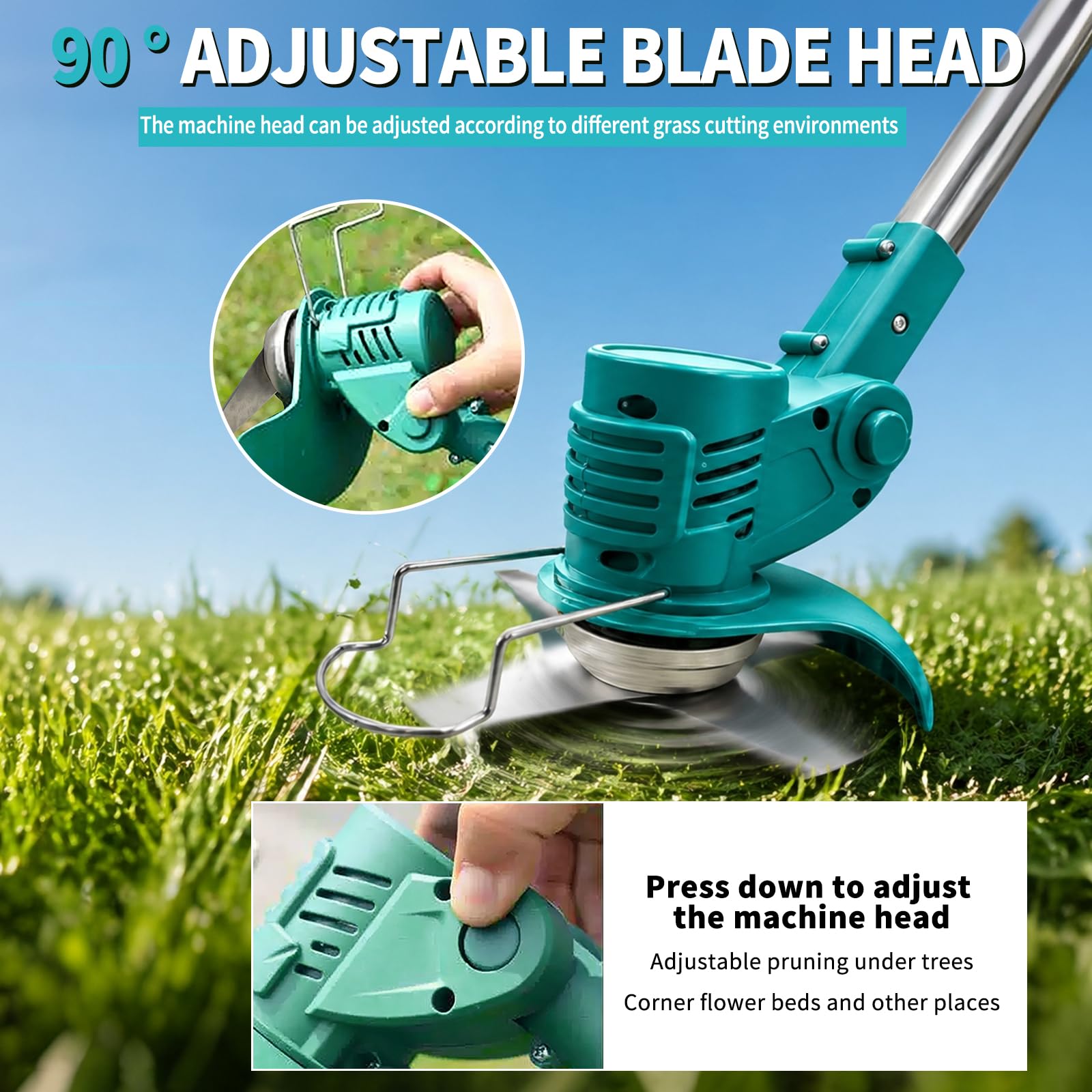 Cortacésped inalámbrico con batería, con 2 baterías de 3,0 Ah y cargador, recortadora de jardín ajustable y desmontable para jardín, césped y setos, incluye 10 cuchillos y accesorios