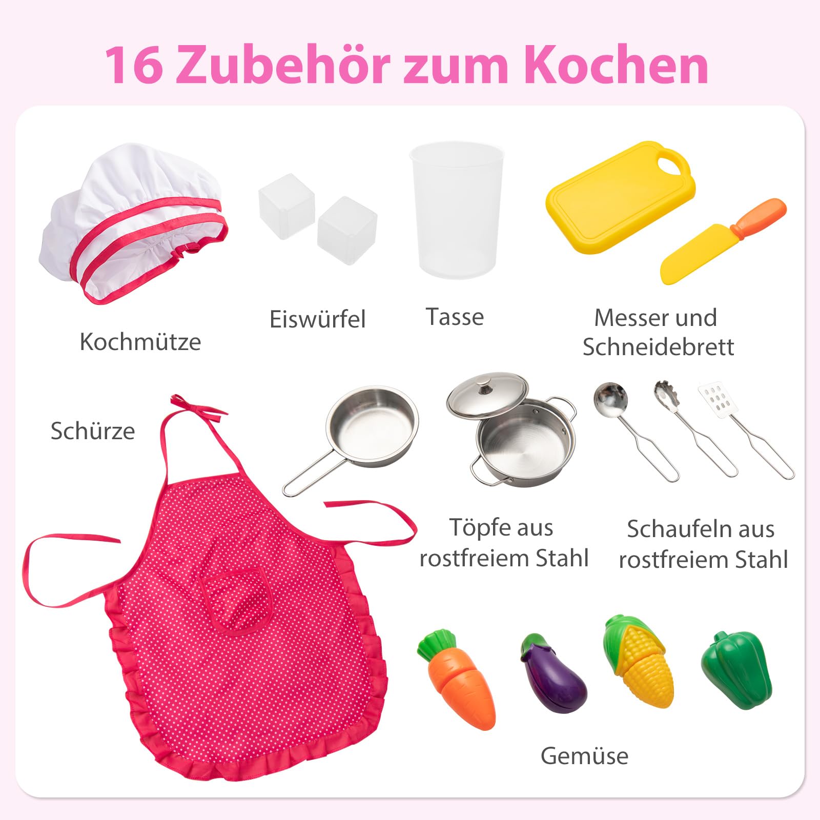 COSTWAY Kinderküche Holz, Spielküche mit Licht und Sound, Holzküche mit Tafel, Mikrowell, Spüle, Ofen & Stauraum, inkl. Zubehör, Spielzeugküche für Kinder ab 3 Jahren (Rosa)
