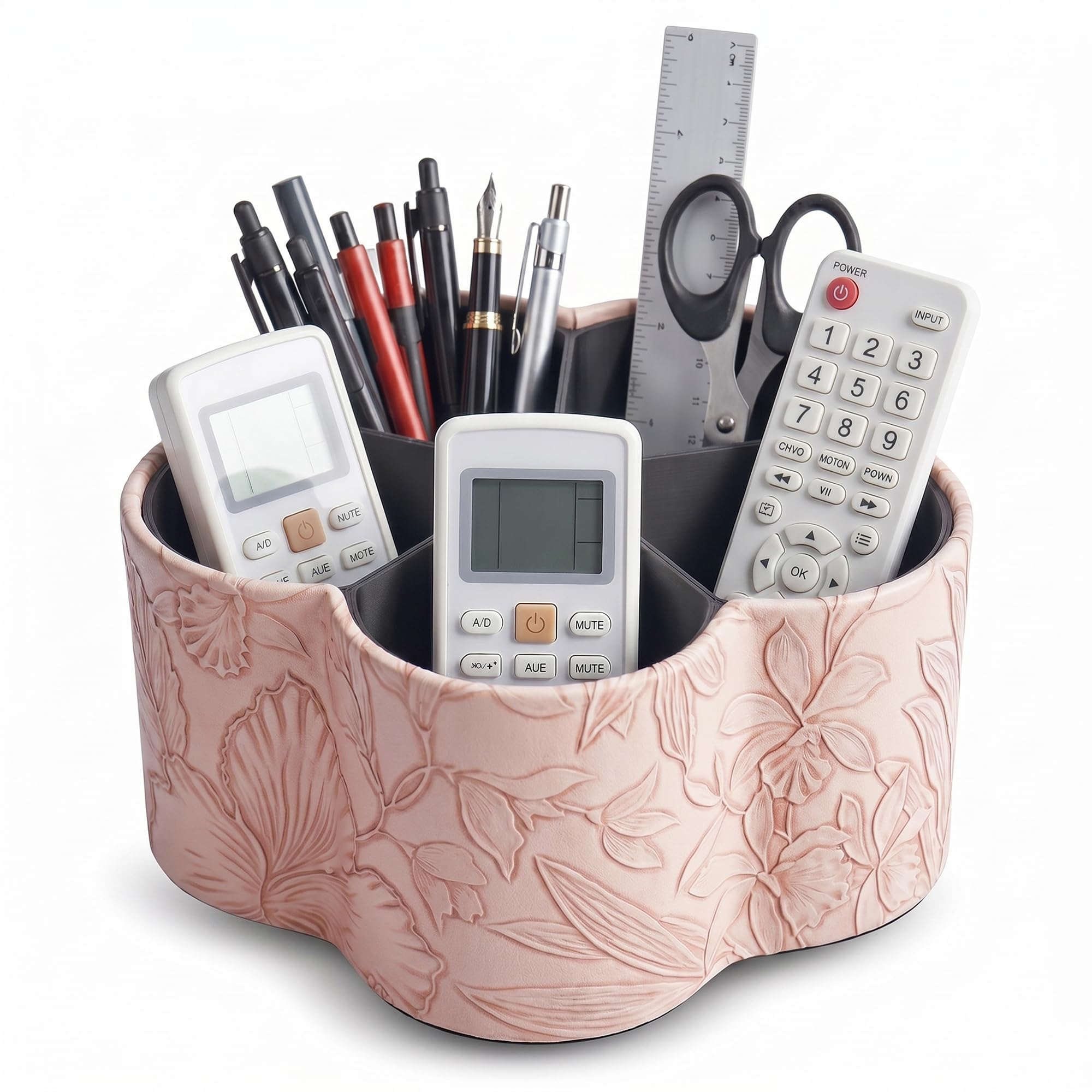 Czzmy 1-Flower Pink Flower Shaped Leather Art Supply Organizer,Remote Control Holder,360 Degree Spinning,Multi-Functional Pencil Holder,5 Compartments Desktop Stationary Organizer(1-Flower Pink)