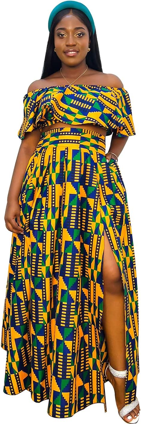 SHENBOLEN Womens African Print Skirt Top Set Tradition Clothing