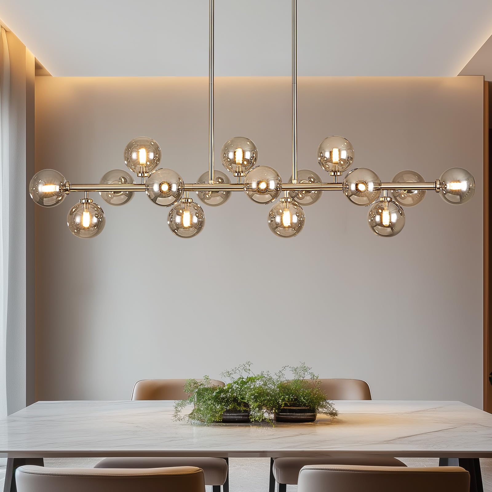 Photo 1 of PiWWPi 55" Long Chandeliers for Dining Room Kitchen Island, Large Globe Sputnik Linear Chandelier, 16 Lights Mid Century Modern Light Fixture Over Table, Nickel and Smoke Grey Bubble, GC-08