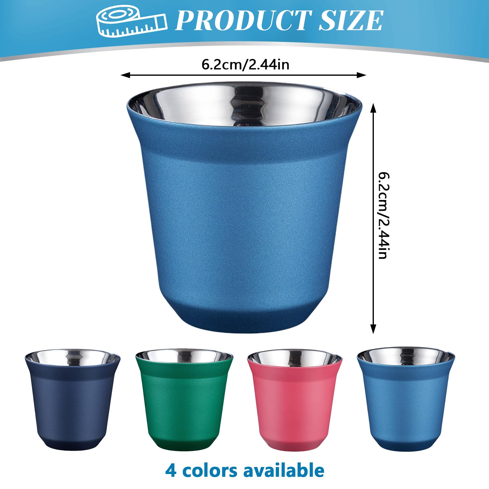 Set di 2 tazze da caffè in acciaio inox, con pareti spesse, 80 ml, in acciaio inox, colore: blu scuro