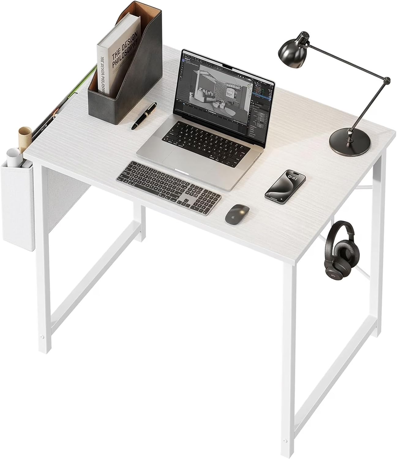 31" Home Office Desk for Small Spaces, Computer Desk with Storage Bag & Hook, Modern Simple Style Study Writing Table for Bedroom, White