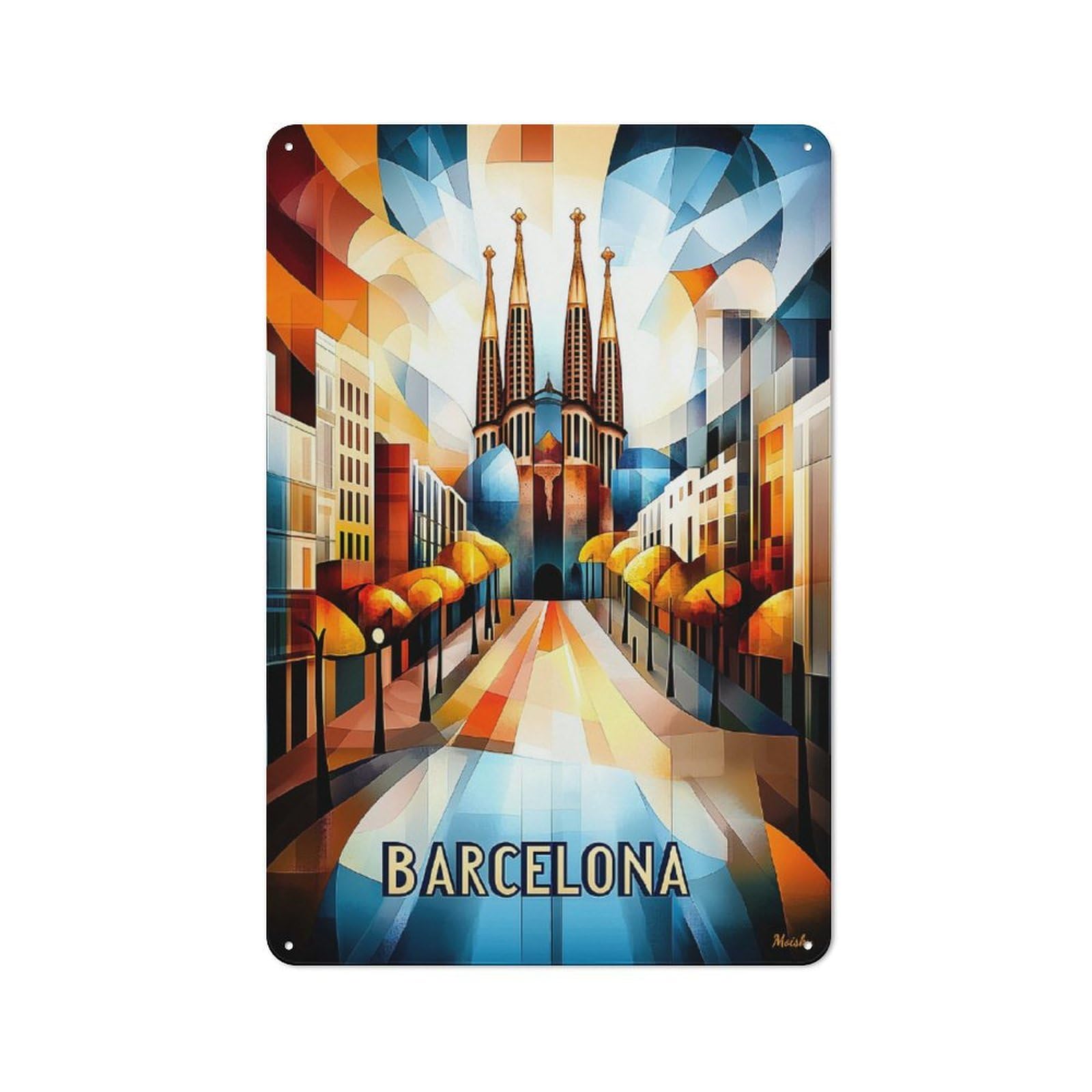 Junmoney Barcelona Cubist Sunrise – Geometric Cityscap E Art Vintage Metal Wall Sign 30X20cm For Café Or Restaurant, For Metal Sign Collectors, For Garage And Workshop Walls