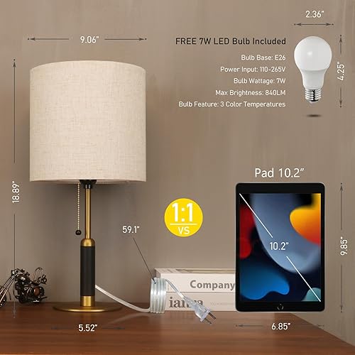 Miniatura 2 de 18.9" Bedside Table Lamp for Nightstand 3-Color Temperatures Living Room Lamp for Bedroom Wood Fabric Pull Chain Switch Small Desk Lamps Home Office