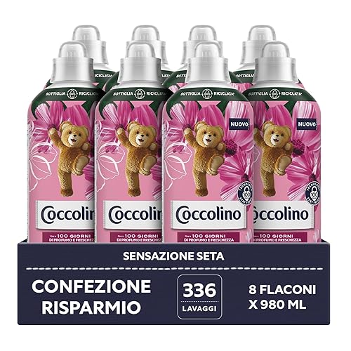Immagine del prodotto Coccolino Ammorbidente Lavatrice Concentrato Sensazione Seta, Tecnologia Stay Fresh, Profumazione alla Rosa, Fiori di Lillà e Pesca, 336 Lavaggi, 8 Pezzi da 980 ml