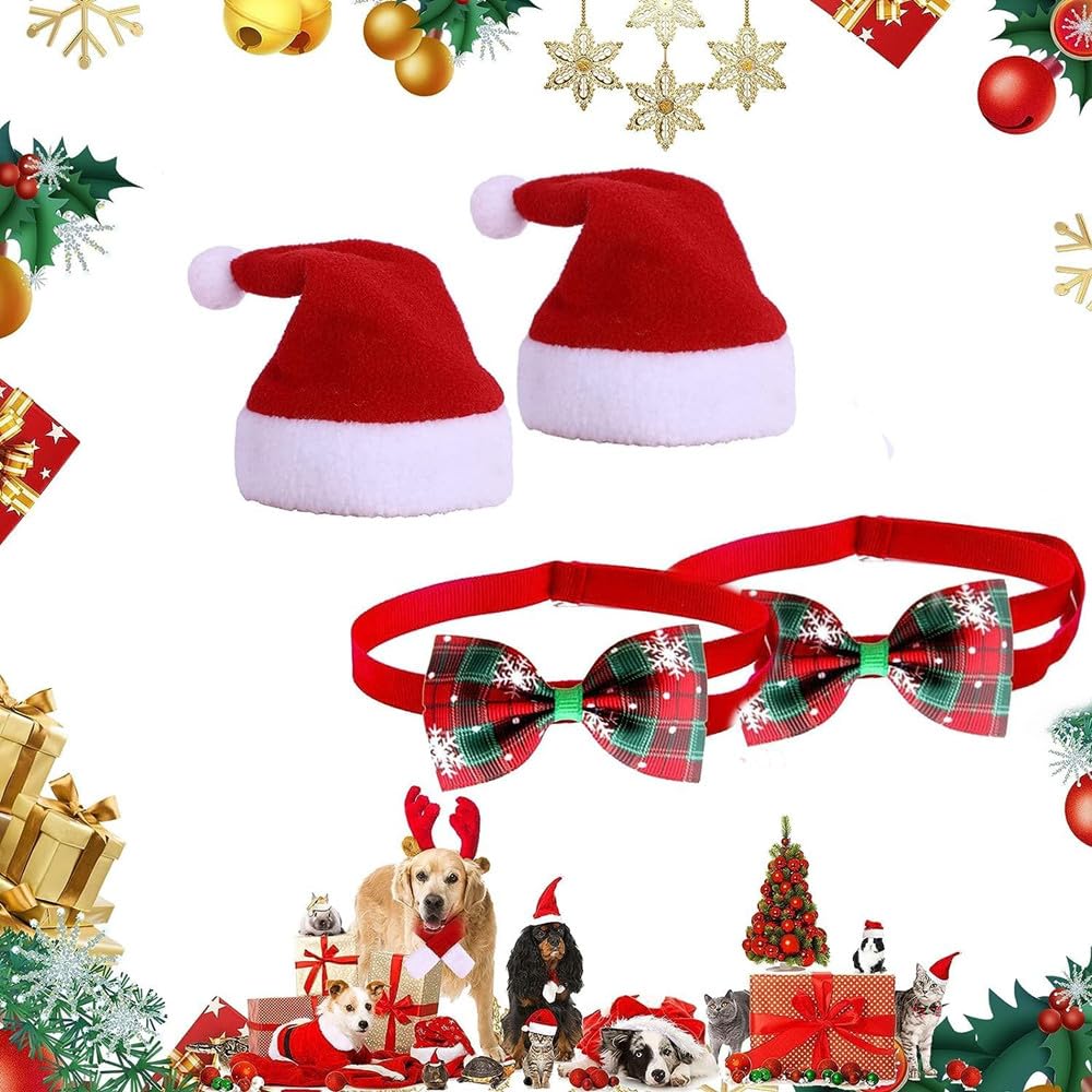 Sombrero de Navidad para Mascotas 2 Piezas para Gatos Perros con Collares de Pajarita Sombrero de Navidad Disfraces de Navidad para Mascotas para Perros Gatos Mascotas Pequeños