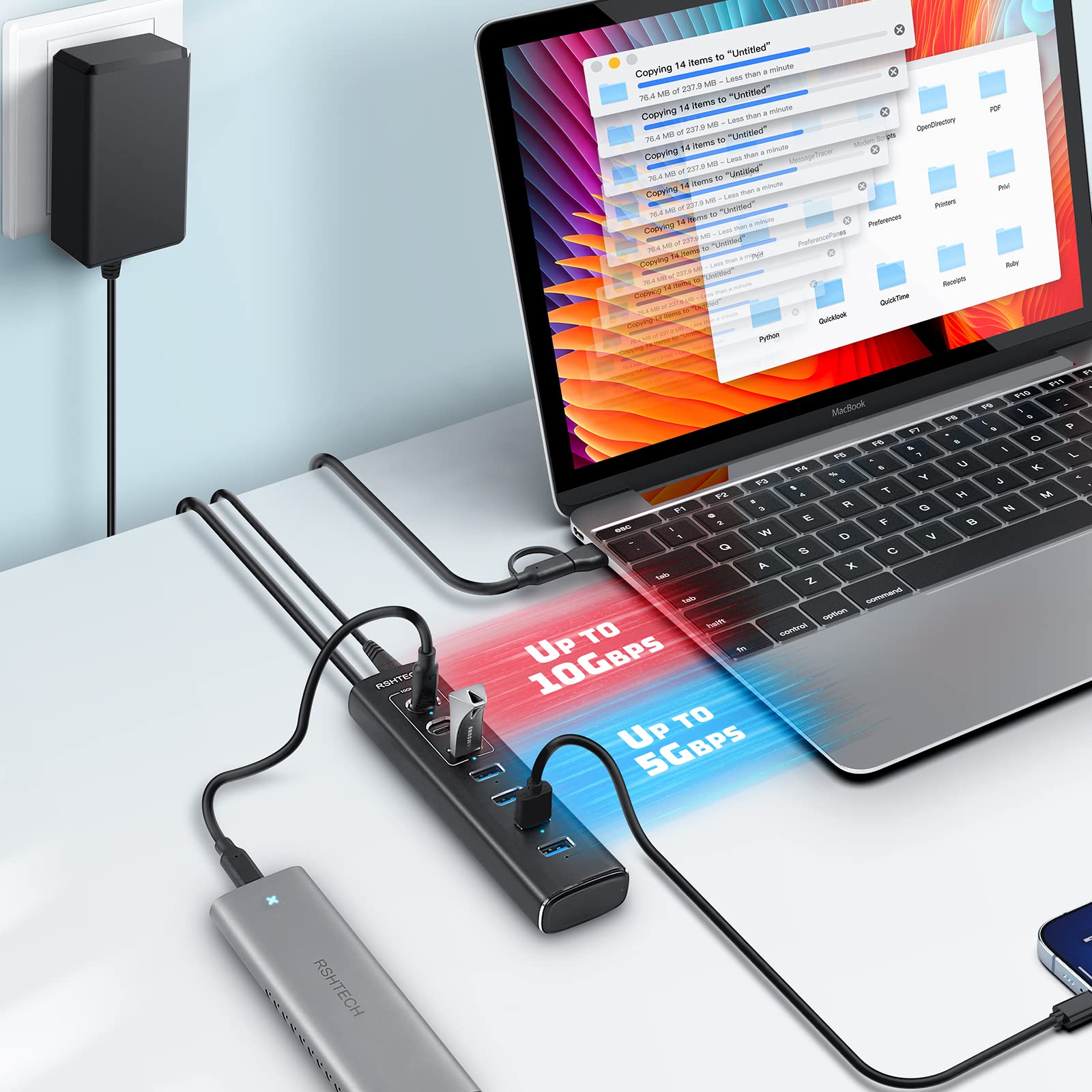 RSHTECH Hub 7 Porti USB C 3.2 e A con 10Gbps - Dettaglio