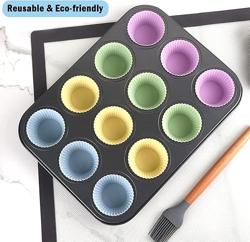 Miniatura 3 de Juego de 24 tazas de silicona para hornear, reutilizables, antiadherentes, forros para magdalenas, magdalenas, no tóxicos, sin BPA, para pudín,