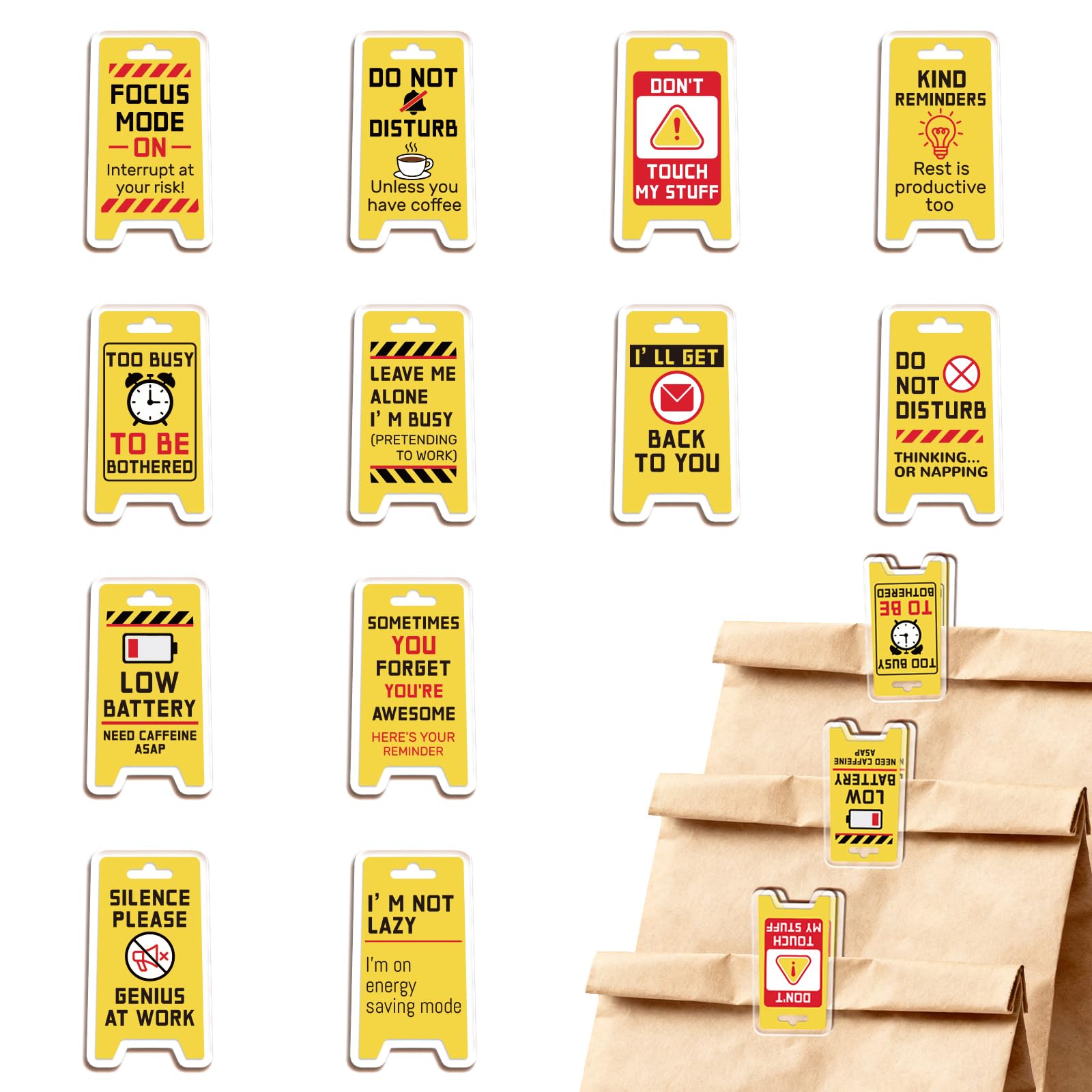 MAYJOYDIY 24Pcs 12 Styles Desktop Sign Acrylic Bag Clips Office Text Bag Sealer Sealing Closures Warning Sign Acrylic Chip Clips Funny Home Office Holders for Bread Snack Storage Desk Decor