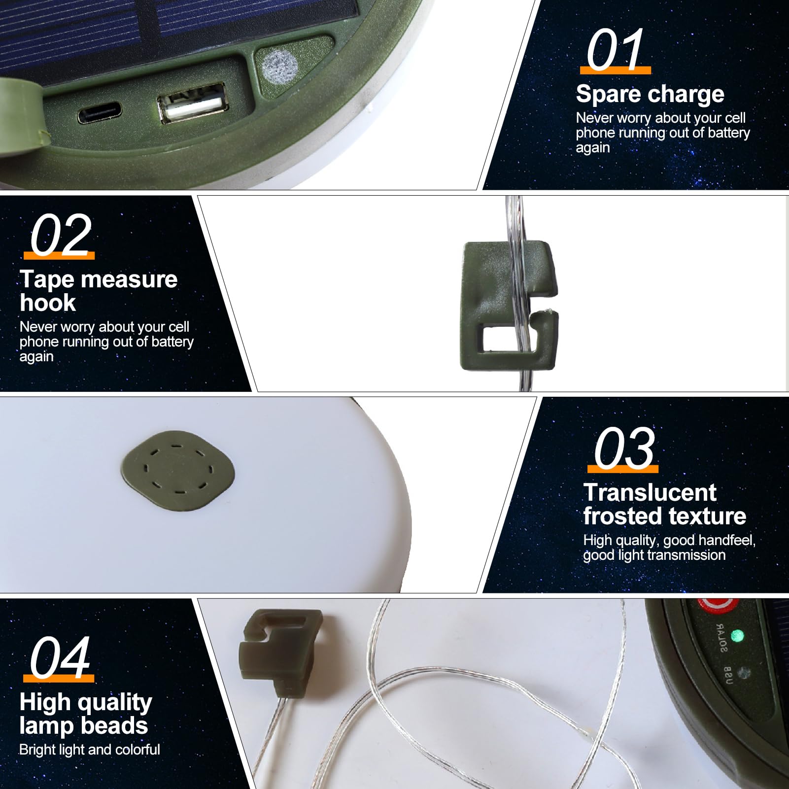 Lichtsnoer op zonne-energie, oprolbaar met afstandsbediening, 10 m led- campinglamp met zonne-energie en USB-aandrijving, 3600 mAh waterdicht, draagbaar, opbergbare lichtketting voor buiten (wit licht
