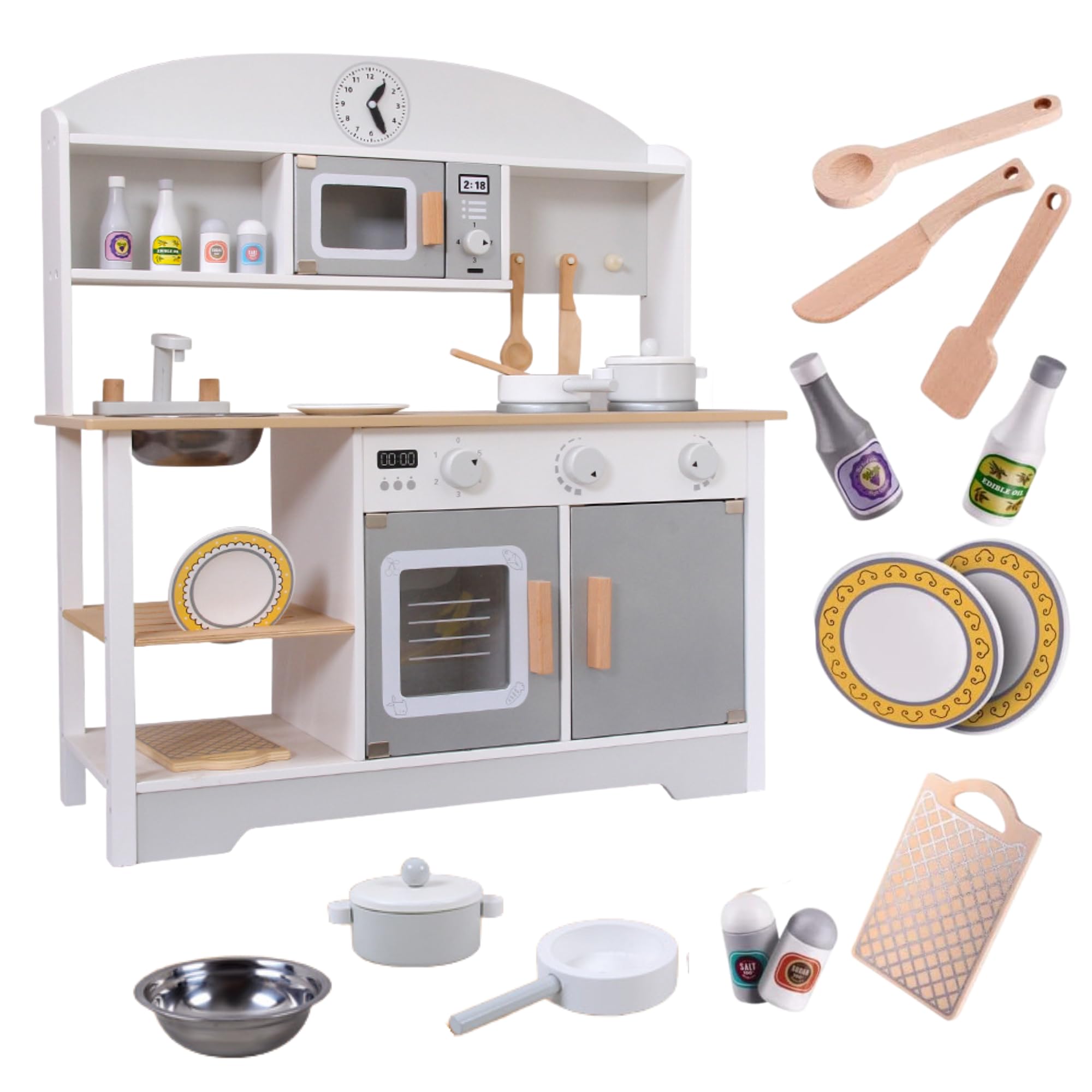 Cucina giocattolo in legno. Cucina giocattolo per bambini +3 anni, con forno, lavello, microonde, piano cottura e 12 accessori, gioco educativo Montessori (72x68x26 cm)