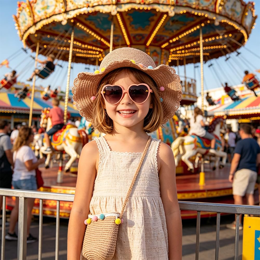 Sombrero de Paja Niñas, Gorra de Sol Chica y Bolsa de Paja Set Gorro de Playa Gafas de Sols Playa de Verano Sombrero Mini Bolsa Cruzada de Pajas Sombreros para Beach Viaje Piscina(Rosa)