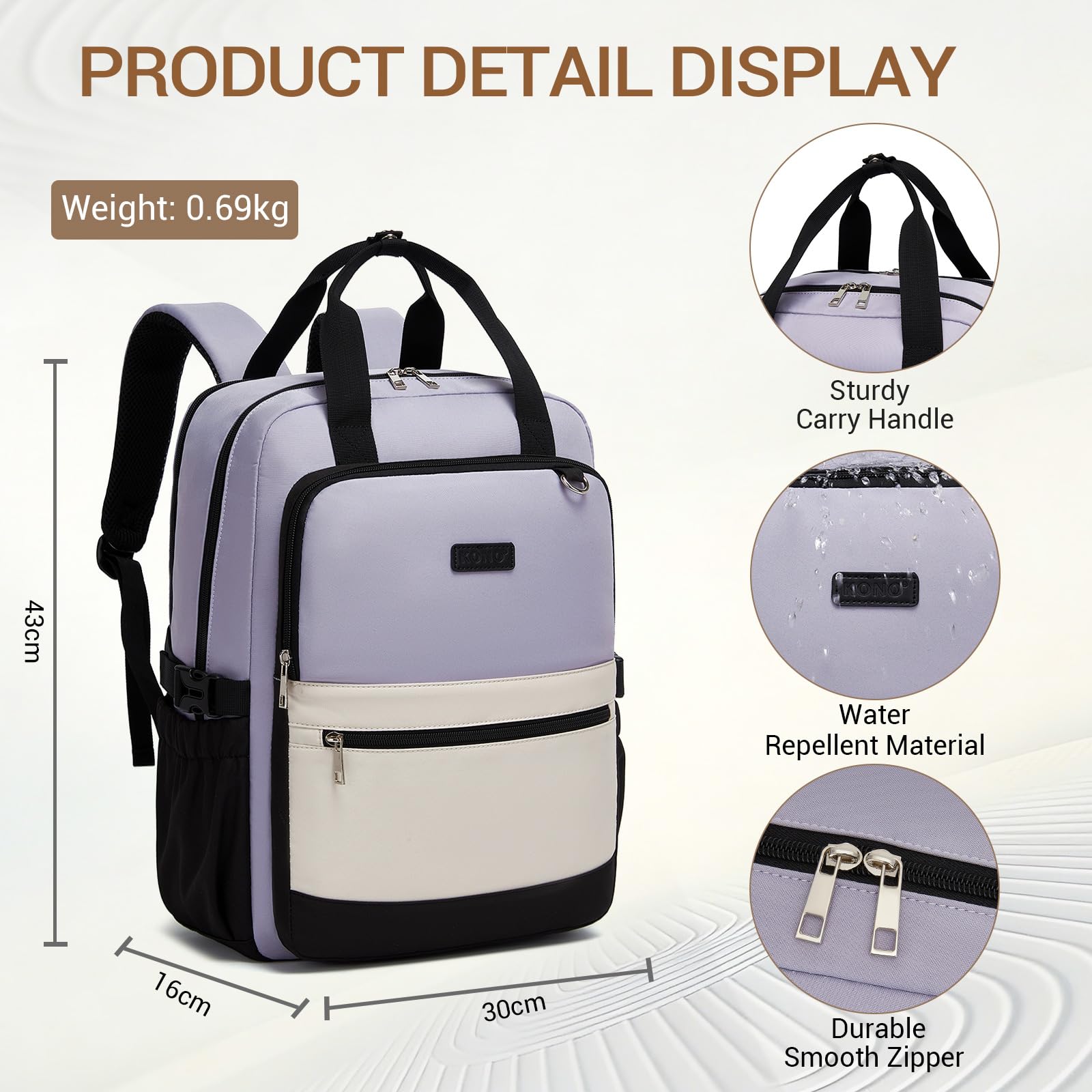 KONO Zaino Donna Porta PC 15,6 Pollici, Impermeabile, Grande Capacità con Tasca Porta Borraccia, Zaino per PC Portatile per Lavoro, Università e Viaggio (Viola/Beige)
